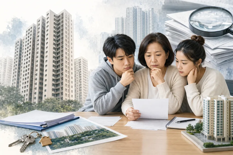 香港住宅樓宇與居屋申請文件插畫，代表白表居屋家庭成員資格審查