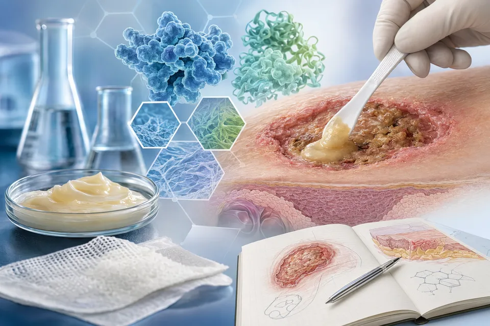 Clinician reviewing enzymatic debridement product evidence for wound care
