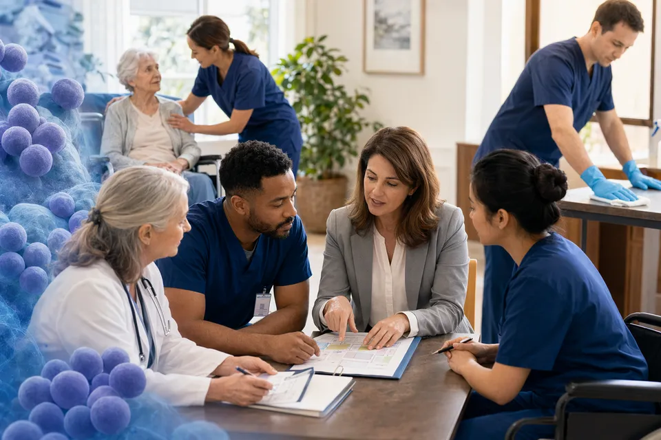 Illustration of nursing home staff coordinating infection prevention and cleaning for MRSA management