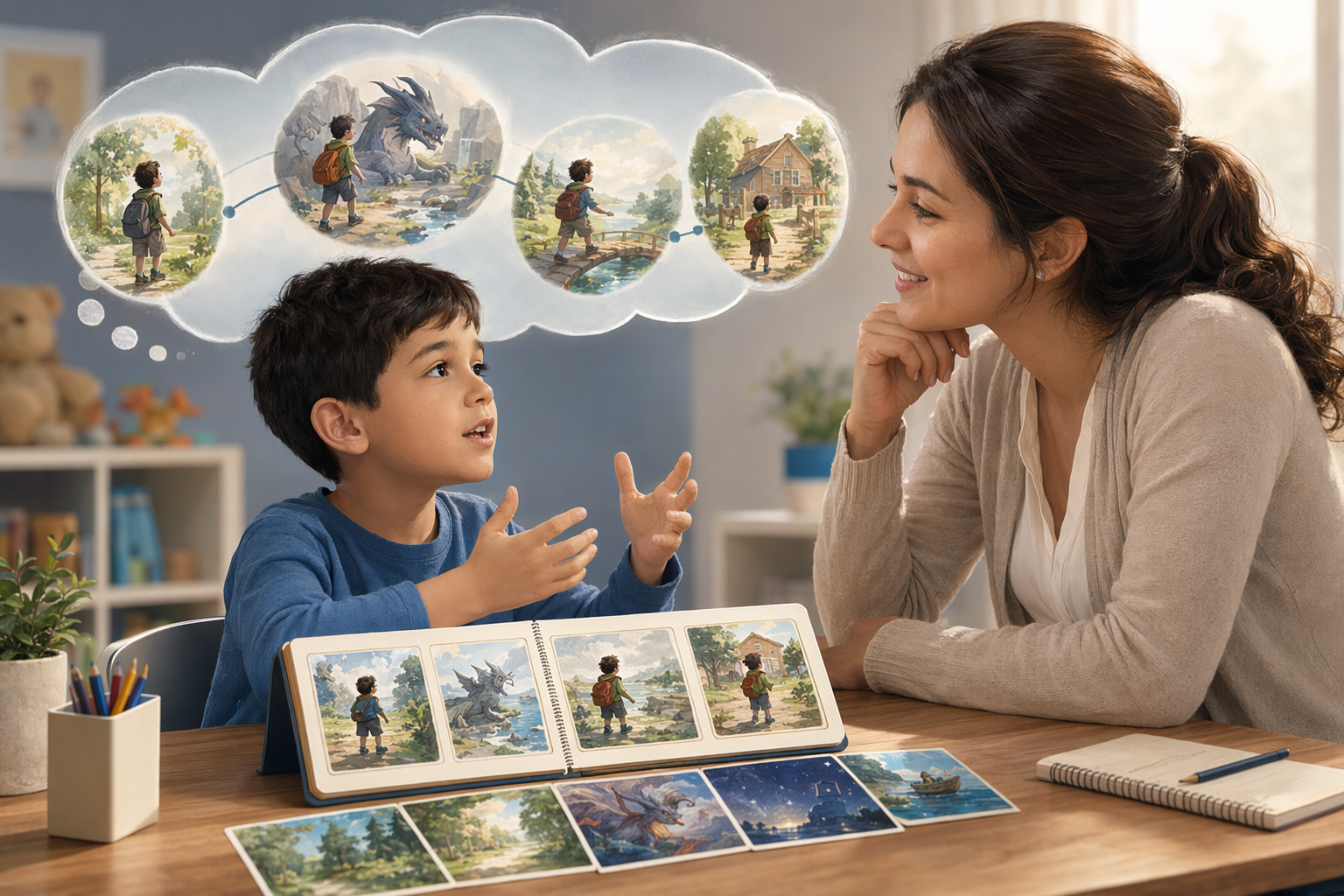 Illustration of a child organizing story elements with visual supports