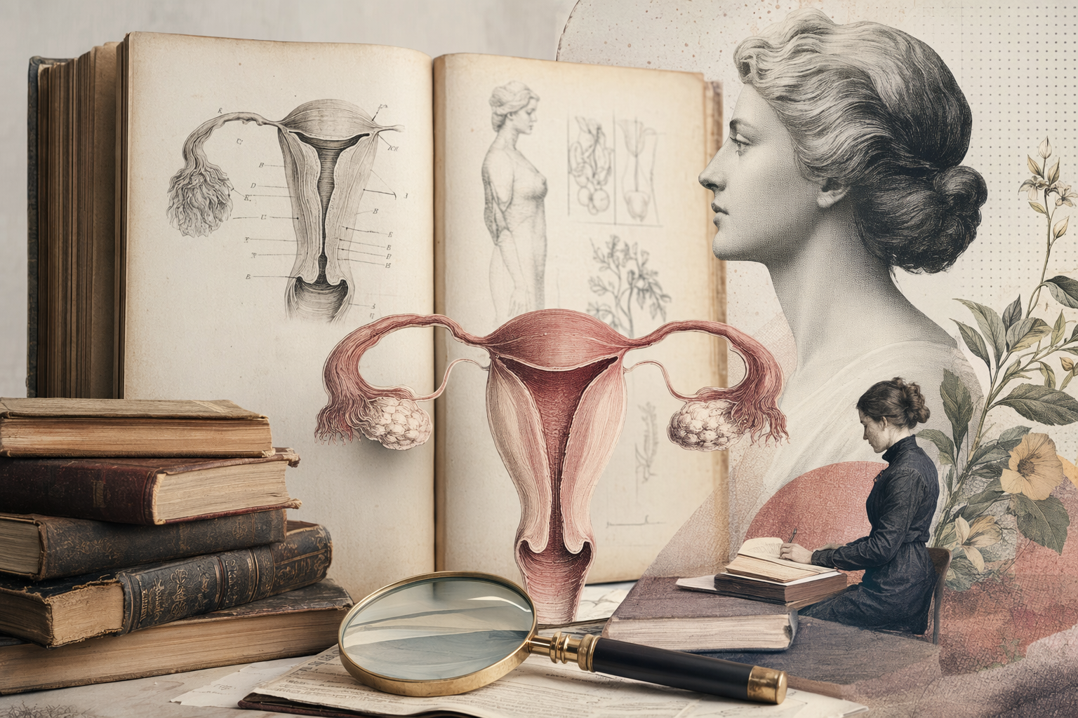 Historisches Medizinbuch neben anatomischer Zeichnung als Symbolbild für Mythen über Frauenbildung und Gebärmutter