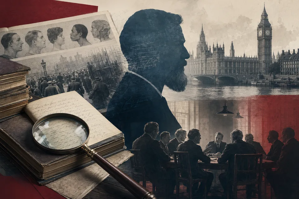 Editorial illustration representing the historical debate over the Fabian Society and eugenics