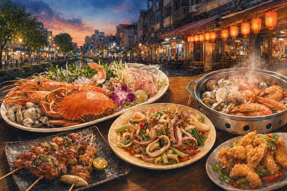 台南中西區海安路與尊王路熱炒聚餐示意,桌上有海鮮與熱炒菜色