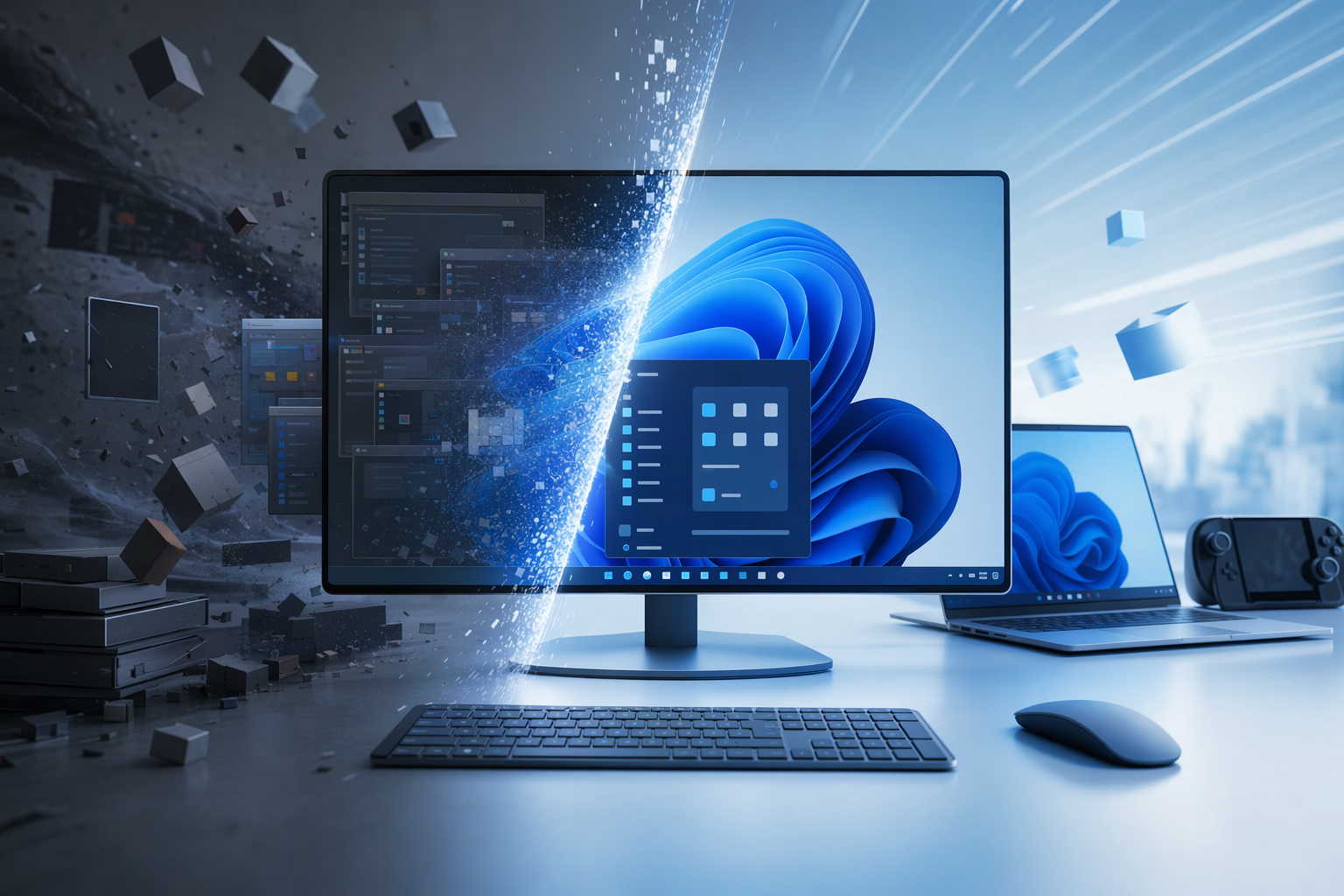 Editorial illustration of a Windows 11 desktop being repaired under the reported Windows K2 quality initiative