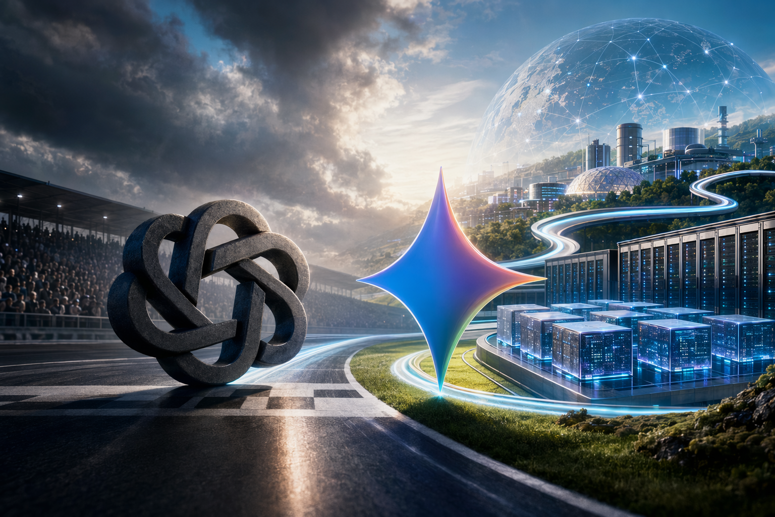 抽象 AI 基礎設施場景，象徵 Google Gemini、TPU 晶片與雲端資料中心競爭