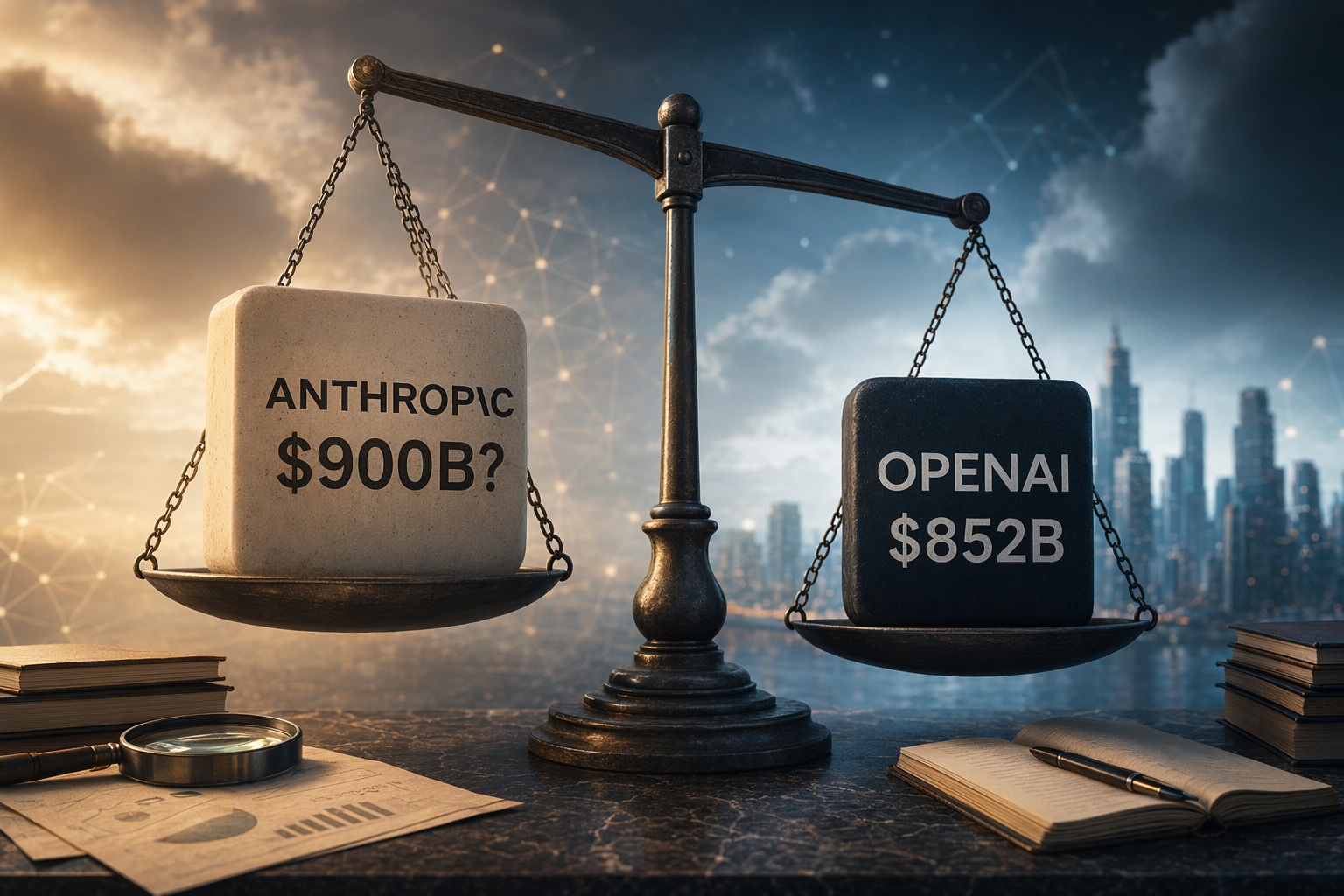AI-generated editorial illustration about Anthropic’s reported $900B valuation and OpenAI’s confirmed $852B funding round
