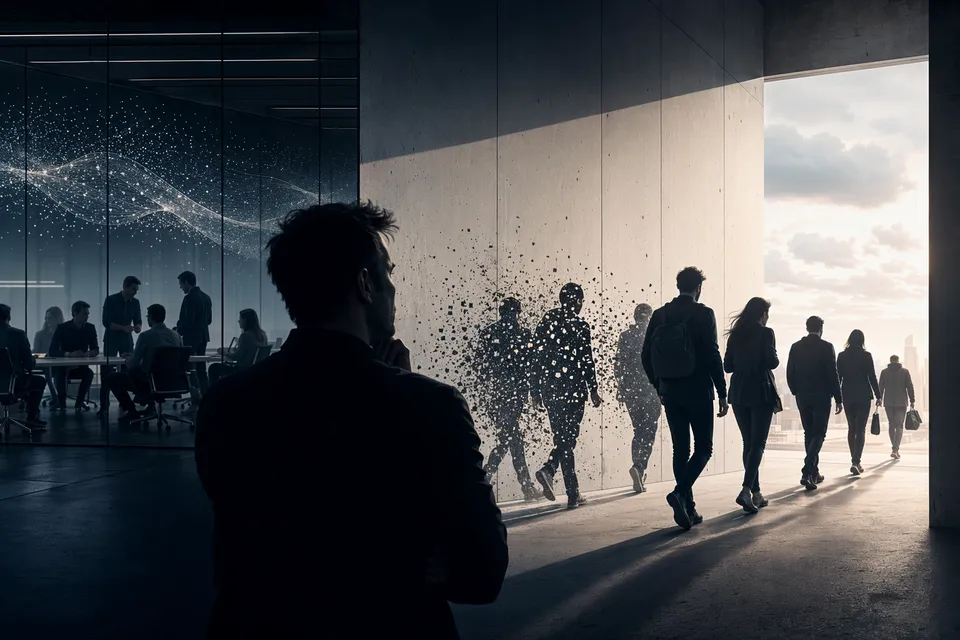 Editorial illustration of xAI employees leaving an office, representing reports of a cofounder exodus