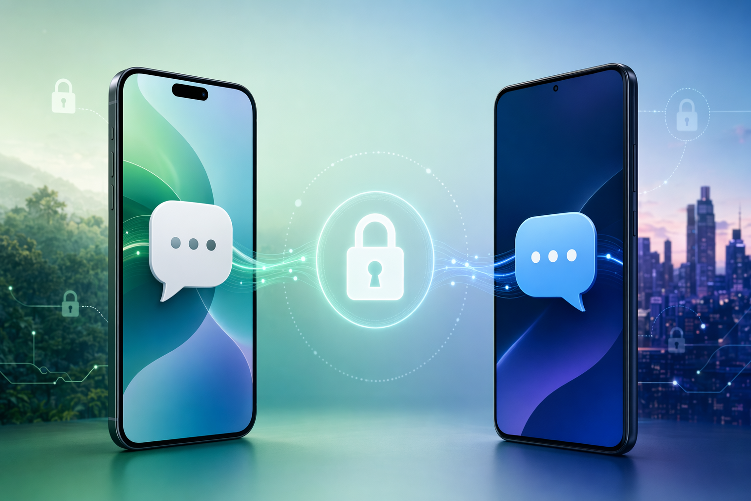 Illustration of iPhone and Android messaging bubbles with a lock symbol for encrypted RCS in iOS 26.5