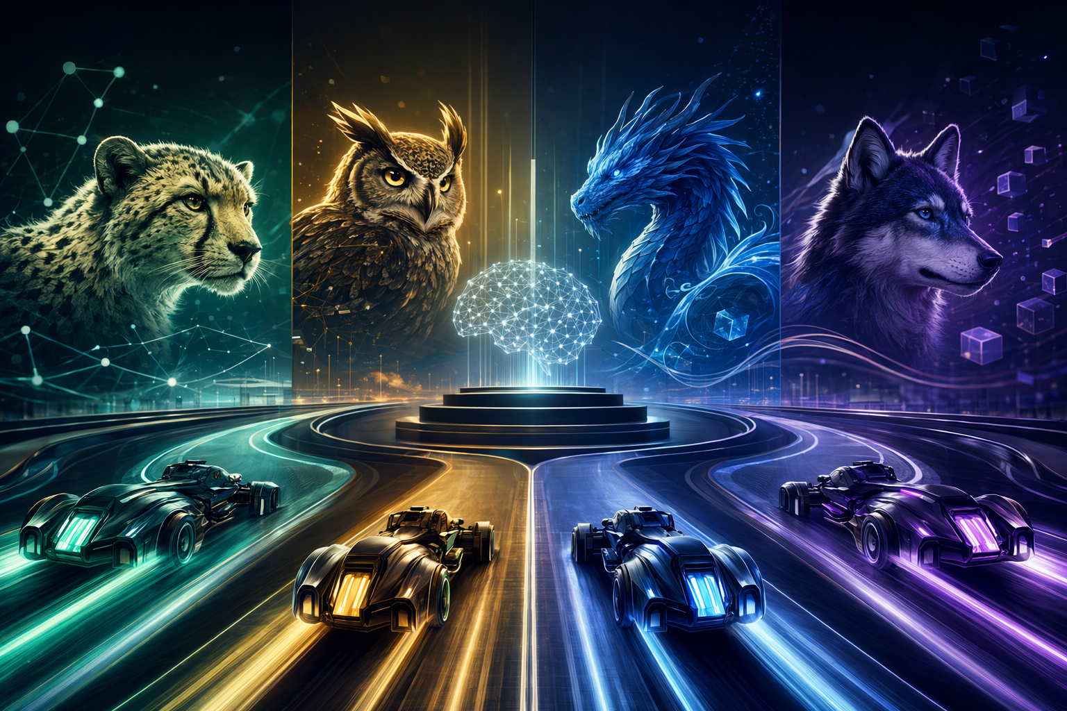 Editorial illustration of GPT-5.5, Claude Opus 4.7, DeepSeek V4 and Kimi K2.6 compared across AI benchmark categories