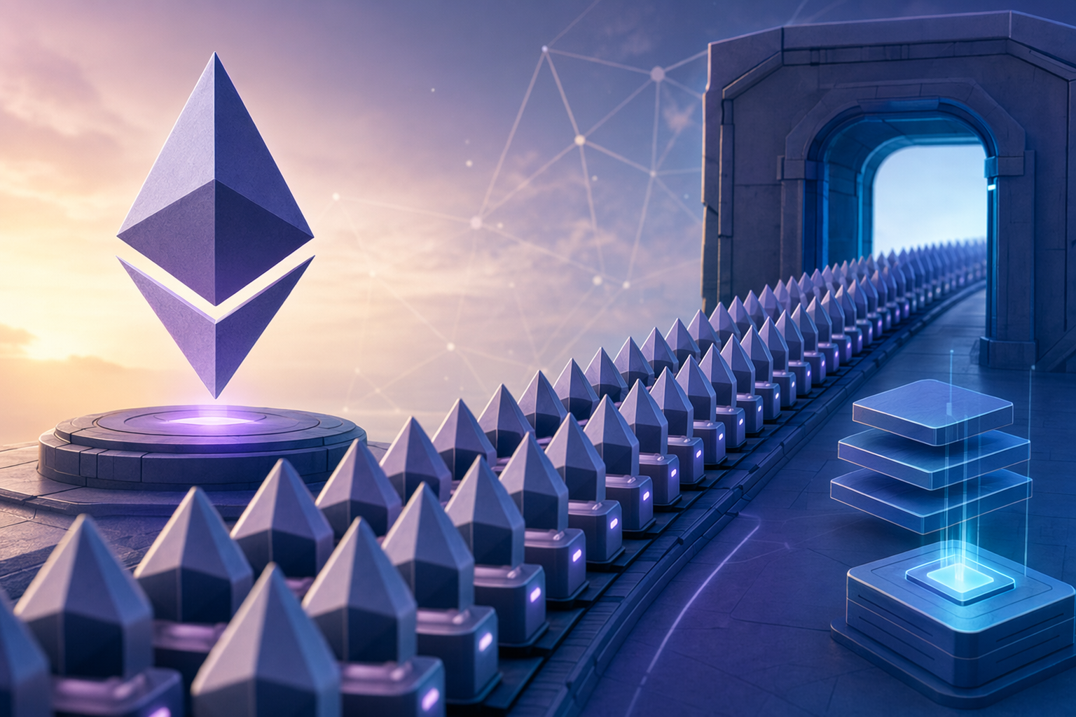 Illustration of Ethereum validators lining up in an exit queue, symbolizing staking withdrawal delays.