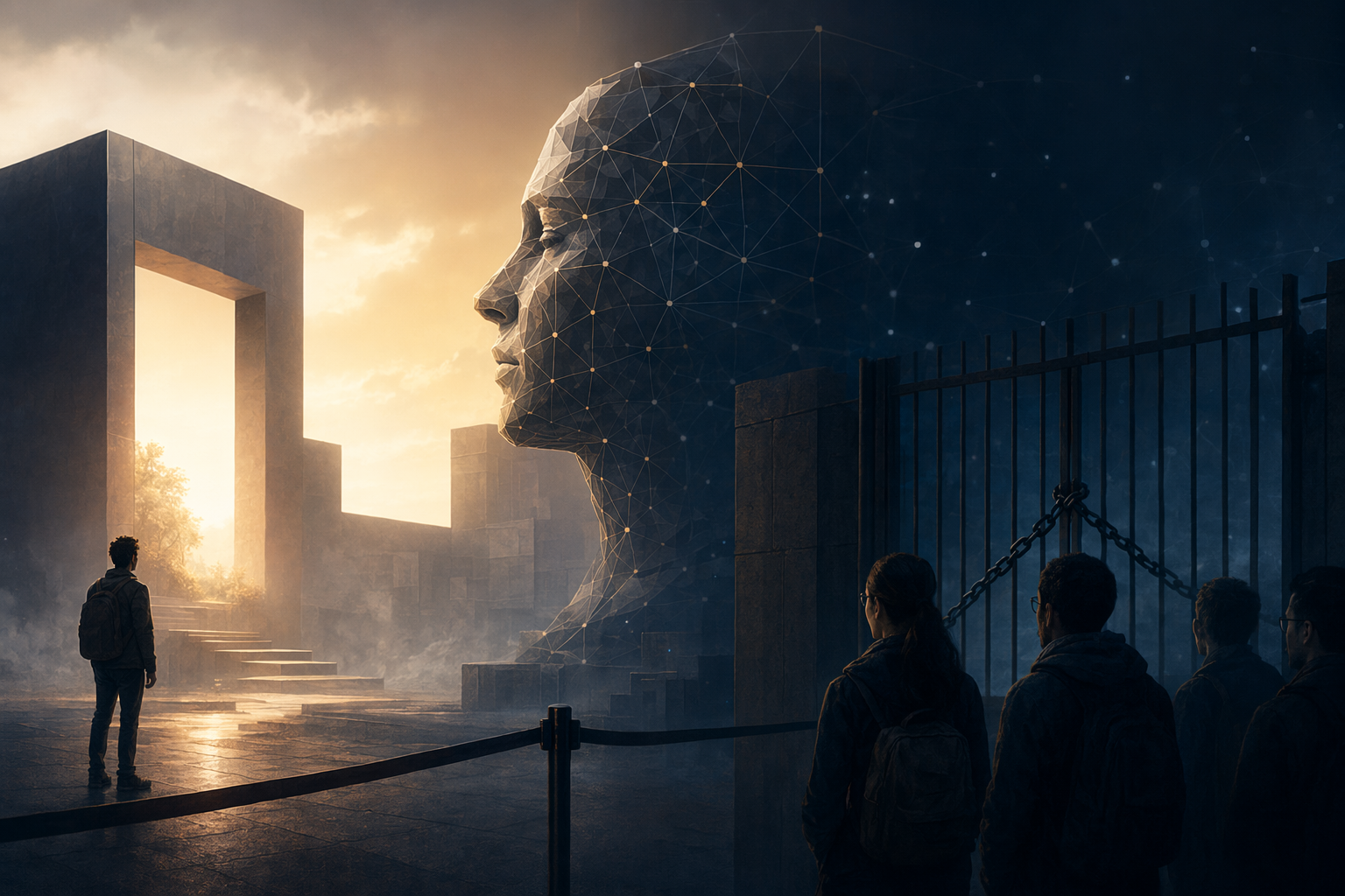 Abstract editorial image representing the Claude Mythos AI model and an uncertain release timeline