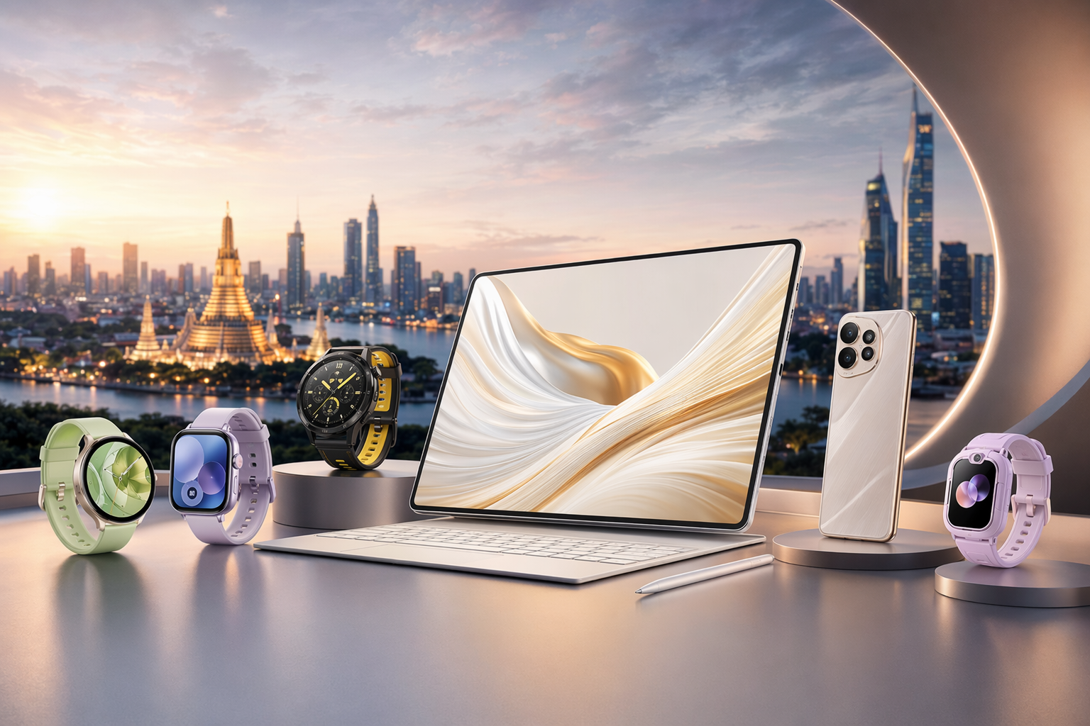 Editorial illustration of Huawei’s Bangkok launch lineup led by the MatePad Pro Max tablet