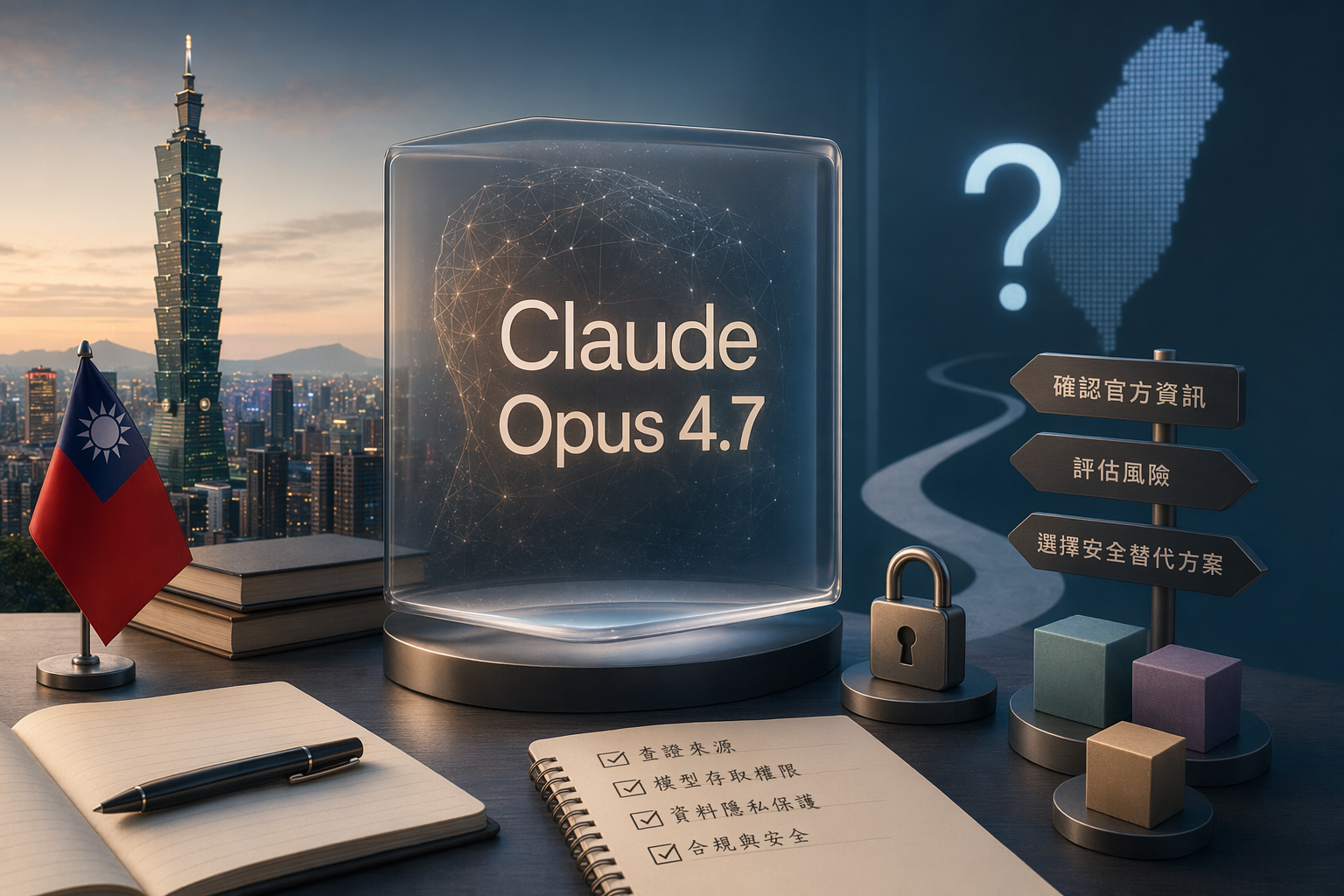 Claude Opus 4.7 在台灣免費使用查證的抽象 AI 介面插圖