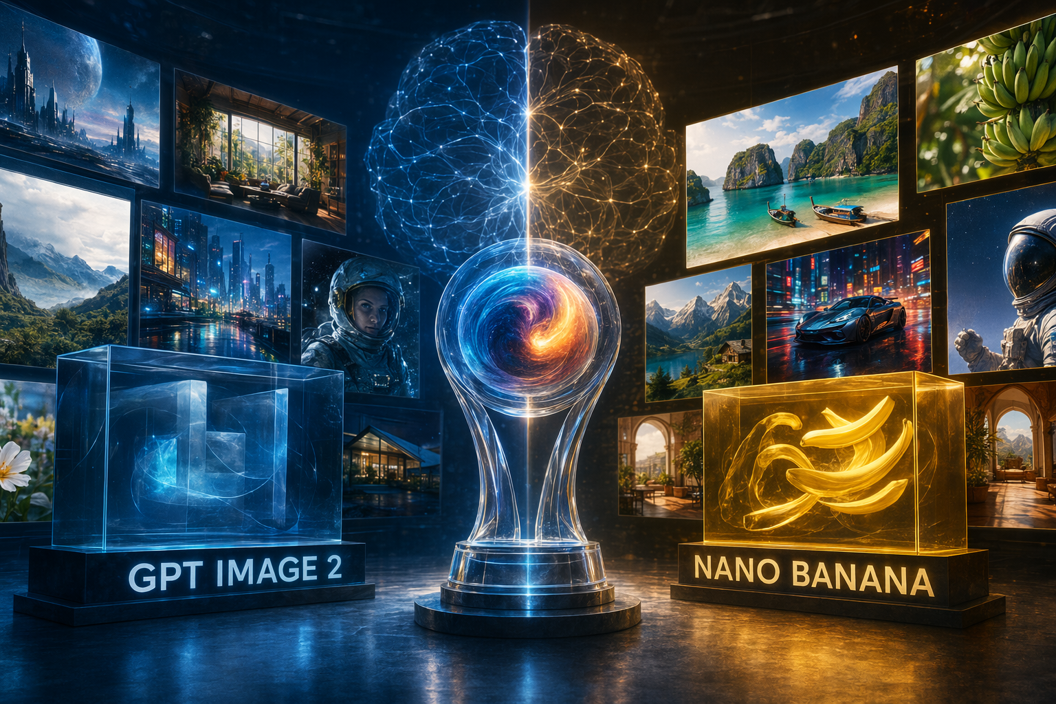 Editorial comparison graphic for GPT Image 2 versus Nano Banana AI image generation benchmarks