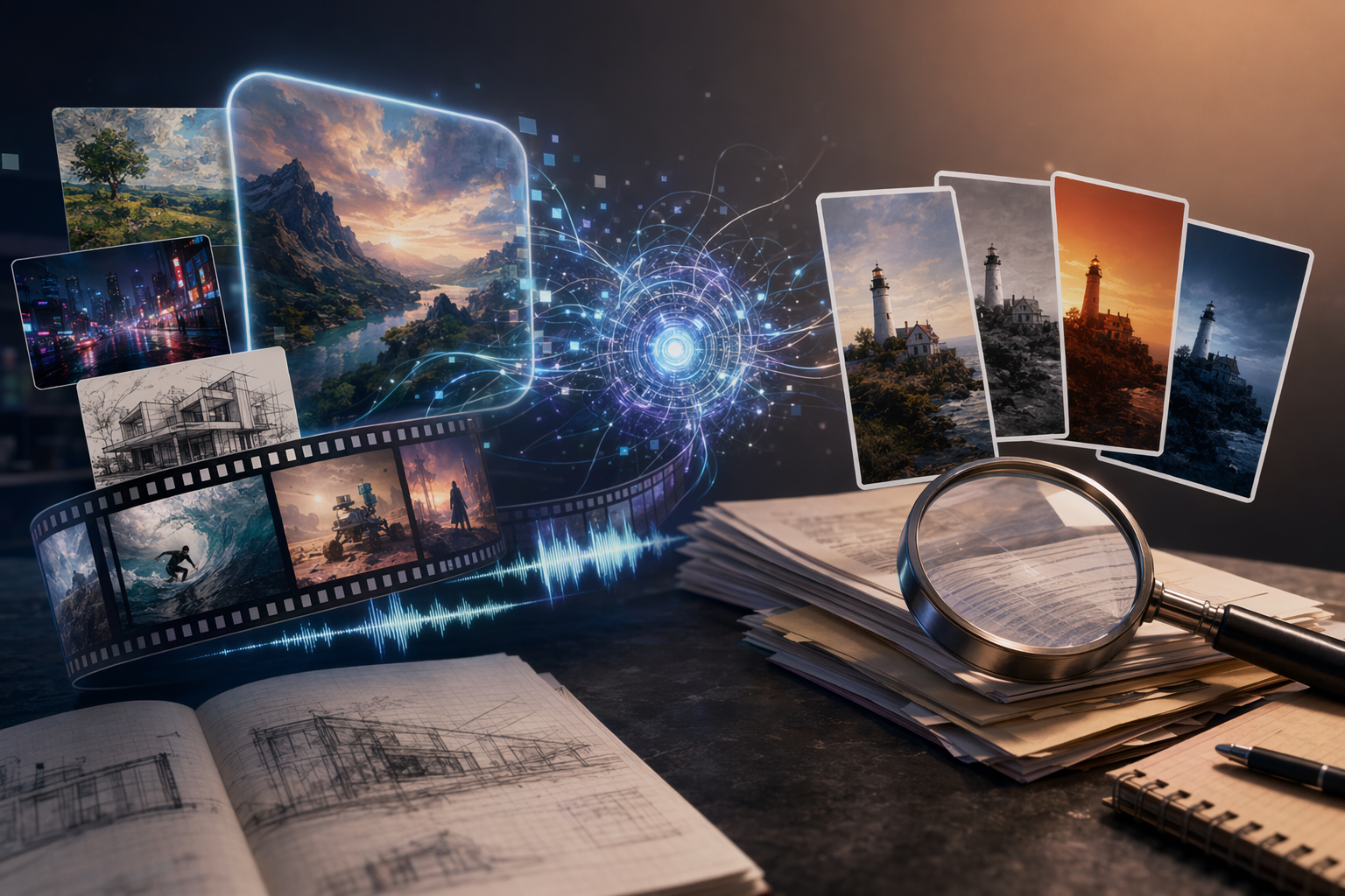 AI-generated editorial illustration of Grok media features, showing video frames and stylized image outputs