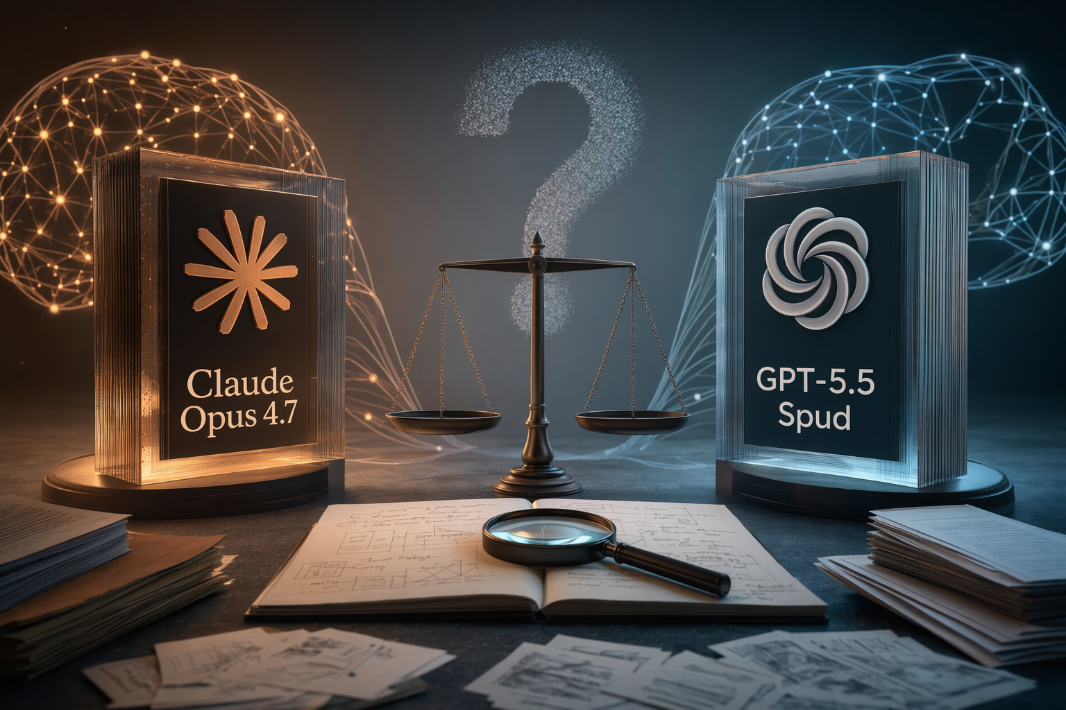 Claude Opus 4.7 與 GPT-5.5 Spud 在矛盾資料查核上的對照示意圖