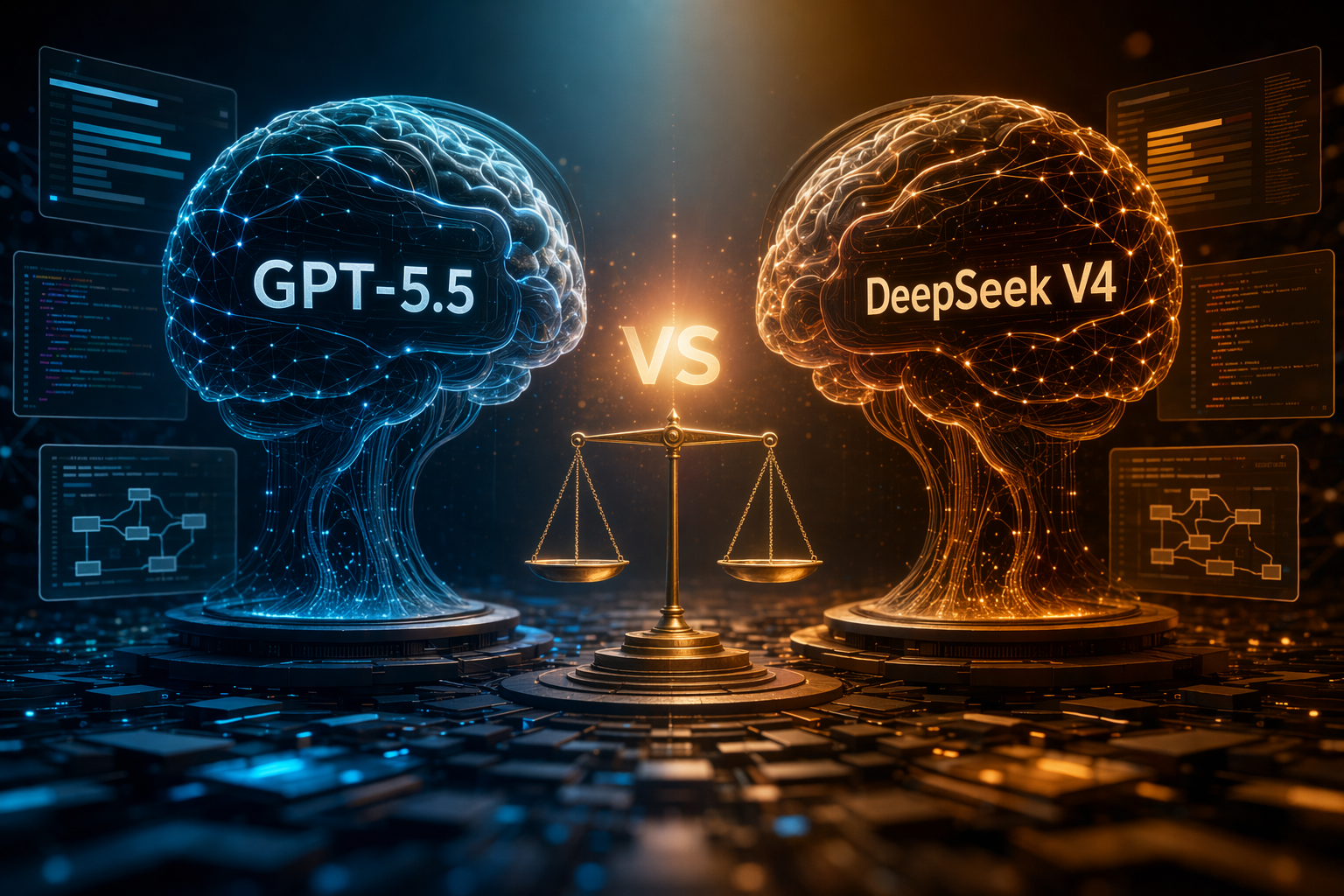 GPT-5.5 與 DeepSeek V4 基準測試、coding、agent 任務與價格比較的抽象科技視覺