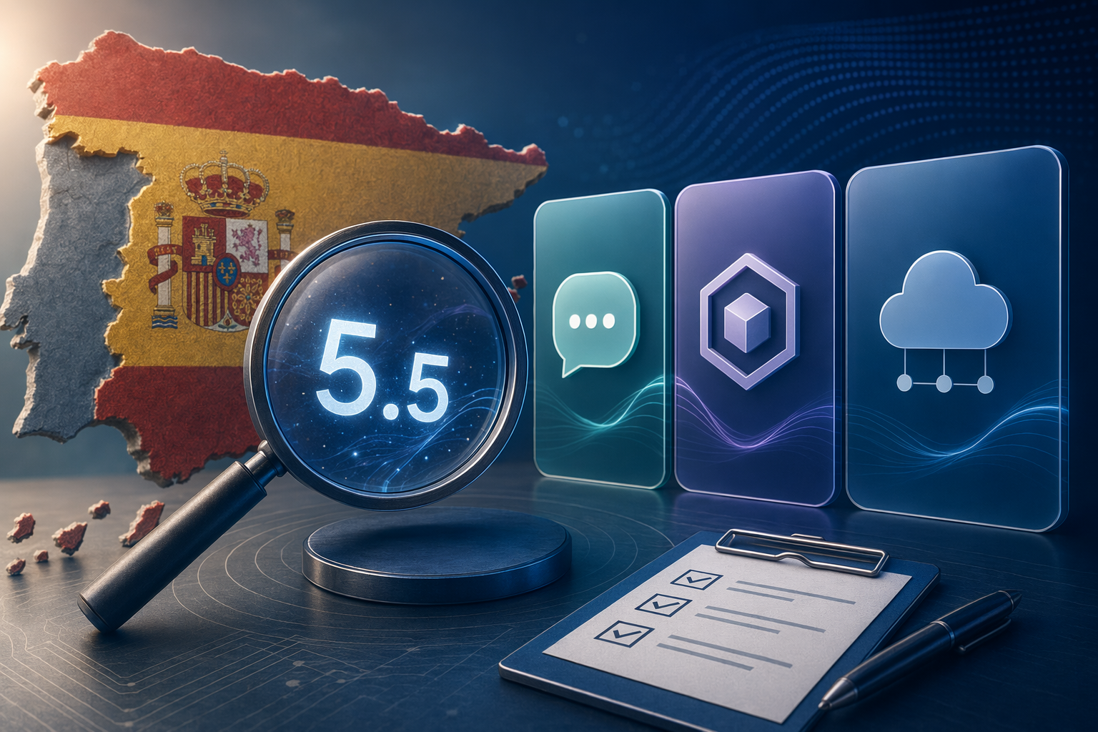 Ilustración editorial sobre cómo comprobar el acceso a GPT-5.5 en España en ChatGPT, Codex y la API