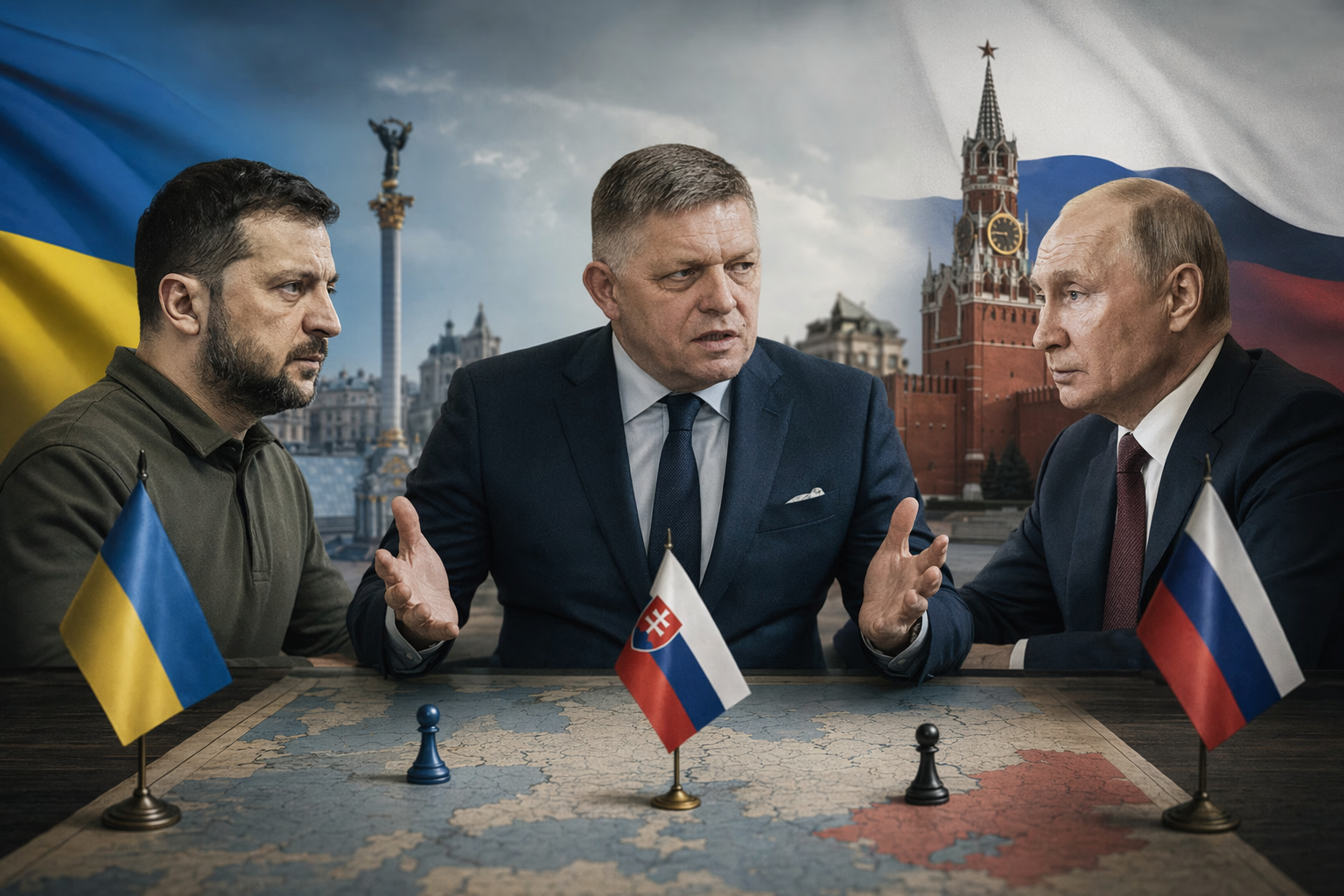 Editorial illustration of Robert Fico between Volodymyr Zelenskyy and Vladimir Putin during a disputed diplomacy claim
