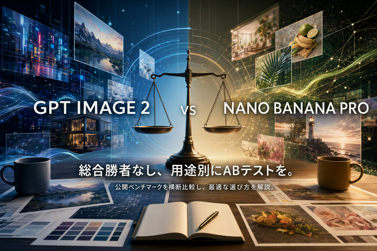 GPT Image 2とNano Banana Proの画像生成モデル比較を表す抽象的なビジュアル