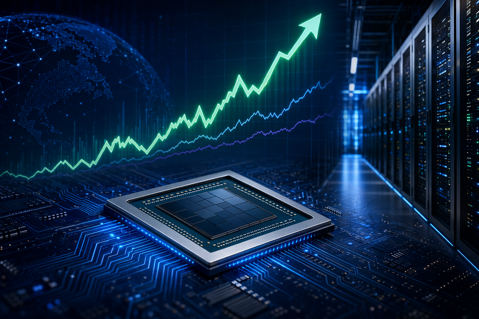 Abstract illustration of semiconductor chips and rising market charts representing AMD’s AI-driven stock rally