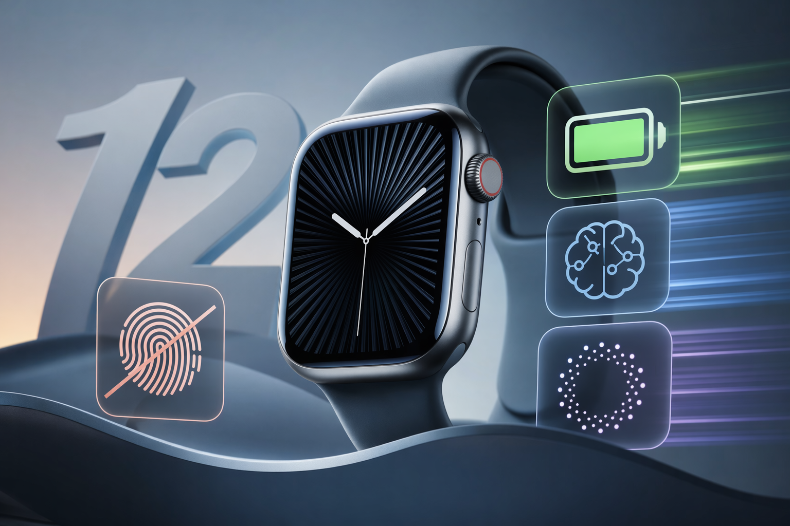 Apple Watch-style smartwatch with visual cues for battery life, AI, satellite connectivity, and health sensors