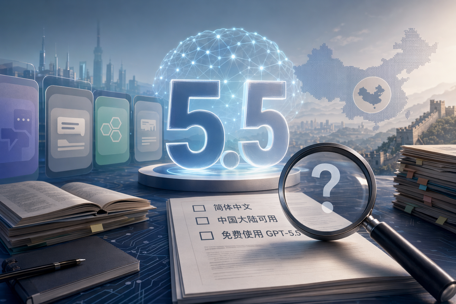 抽象的 AI 应用界面与放大镜，象征核验免费 GPT-5.5 中文应用