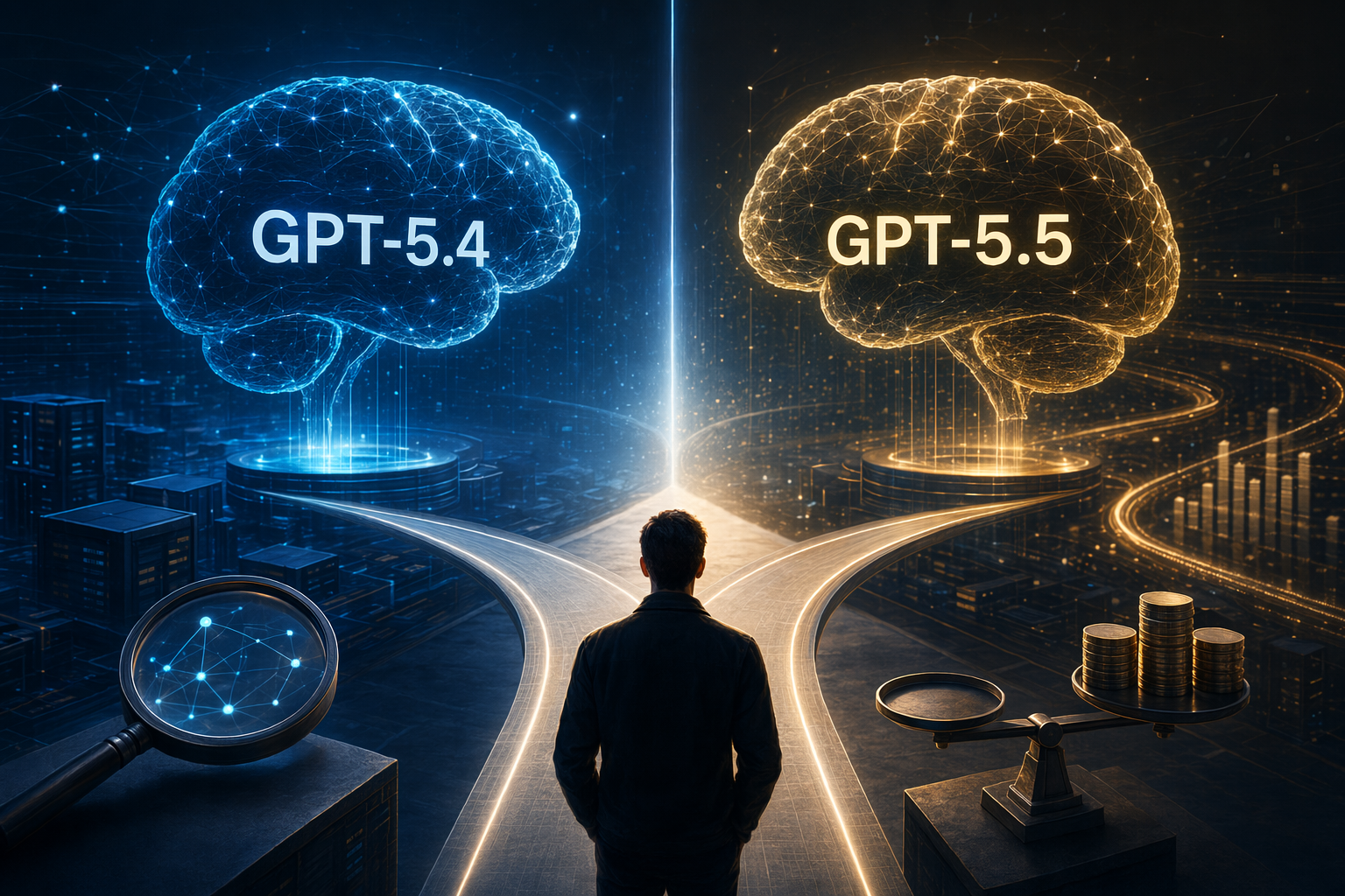 Ilustración comparando GPT-5.5 y GPT-5.4 con métricas de rendimiento, coste y migración.