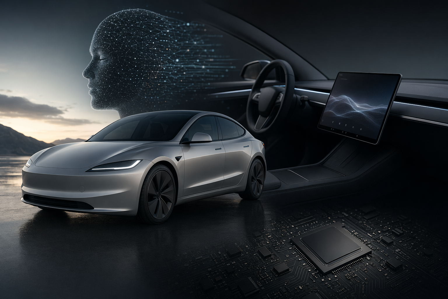 Illustration of an in-car AI assistant interface inside a Tesla-style vehicle cabin