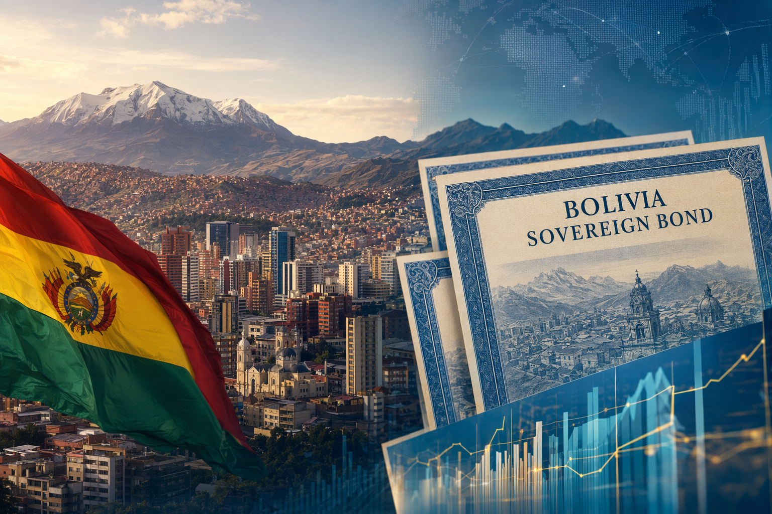 Editorial illustration of Bolivia’s $1 billion bond sale and investor confidence in Rodrigo Paz’s reforms