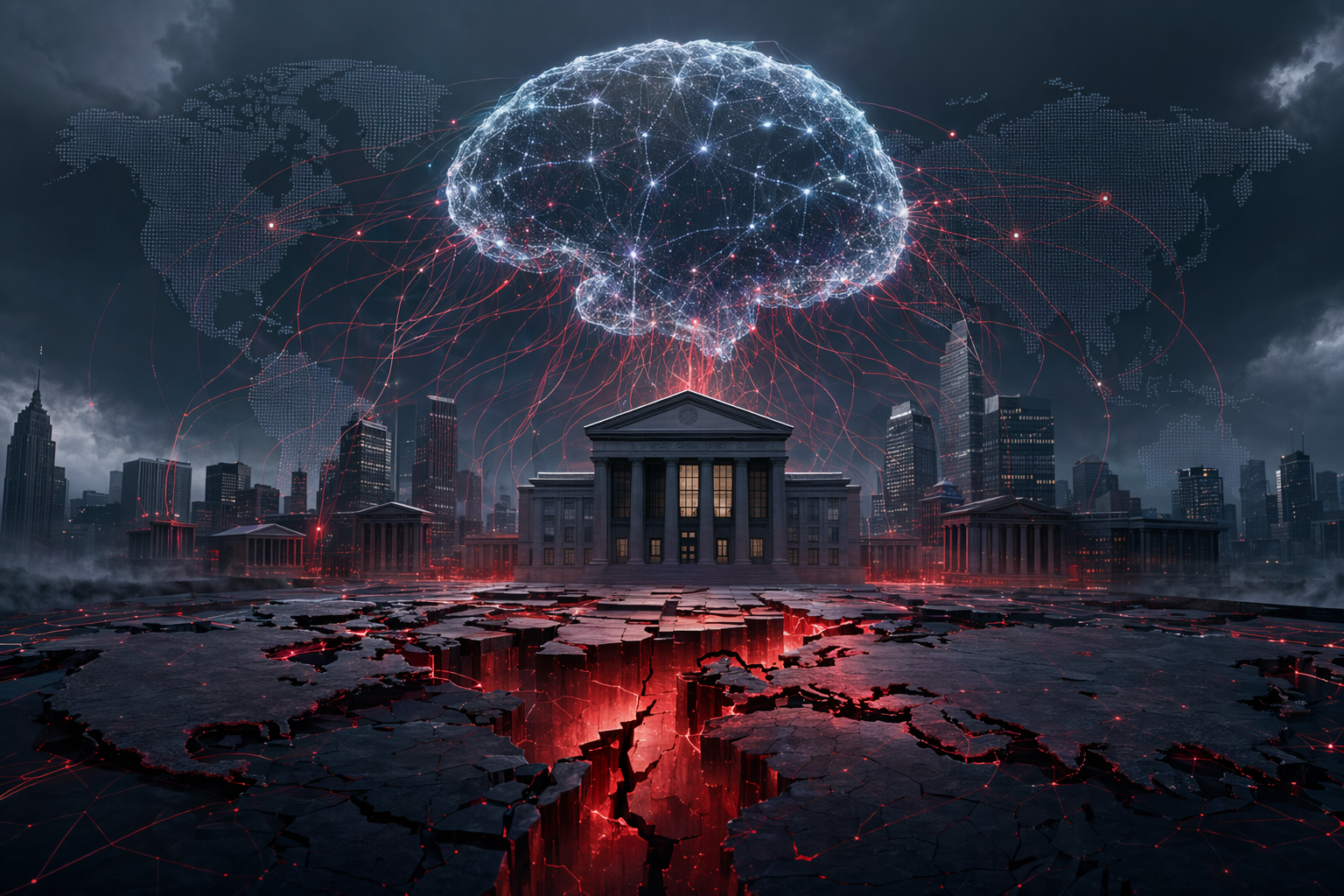 AI-generated illustration of global banking infrastructure facing an advanced AI cybersecurity threat