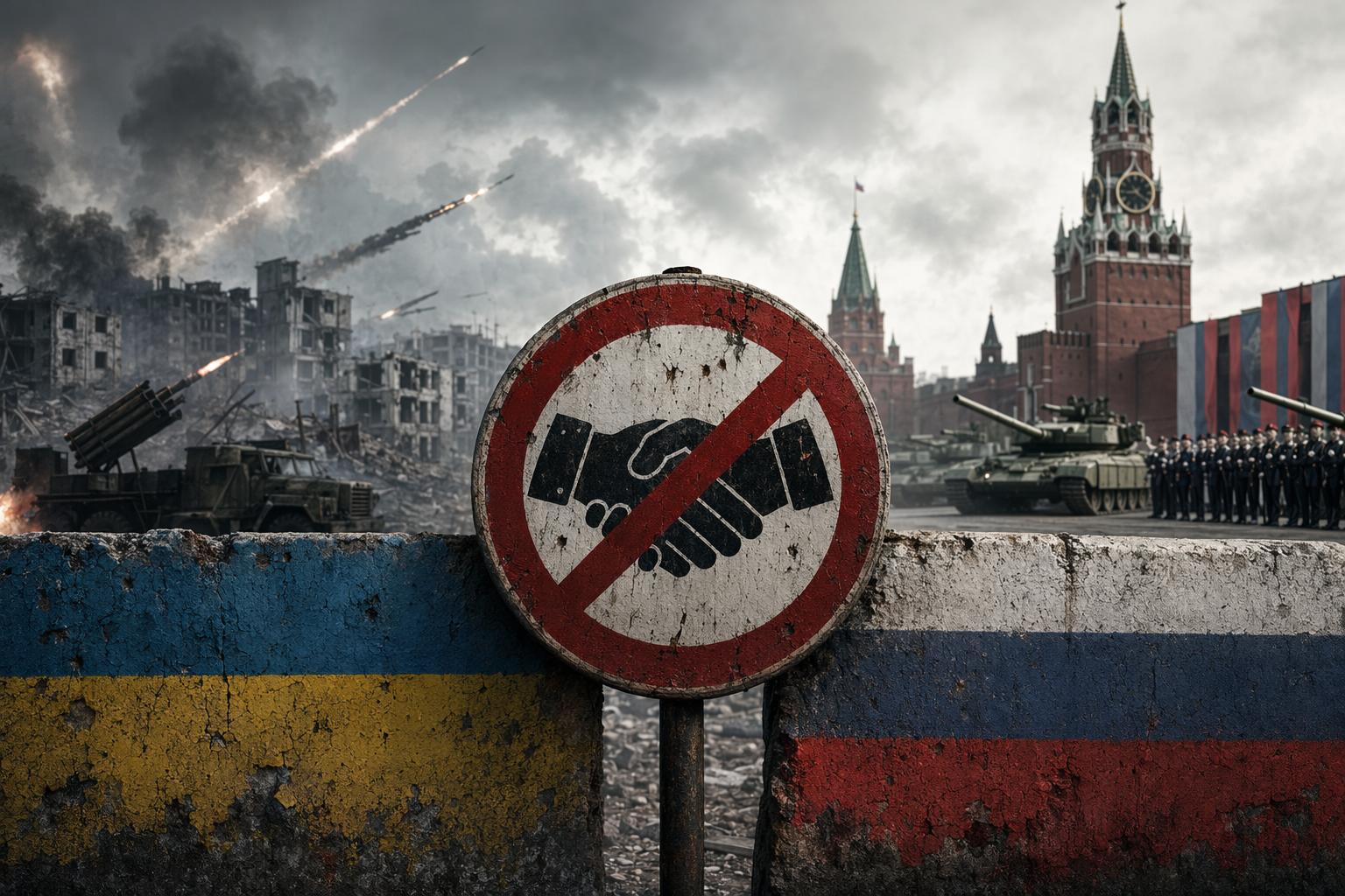 AI-generated editorial illustration about Ukraine rejecting Russia’s Victory Day ceasefire