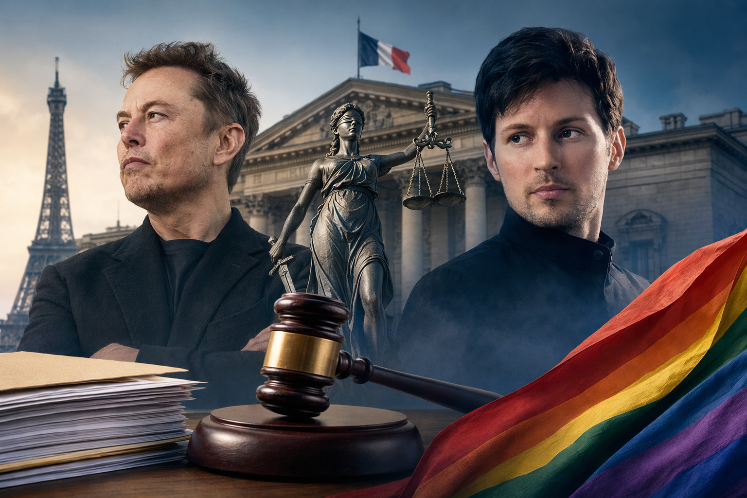 AI-generated editorial illustration for an article about Stop Homophobie’s complaint against Elon Musk and Pavel Durov’s response to France’s X investigation.