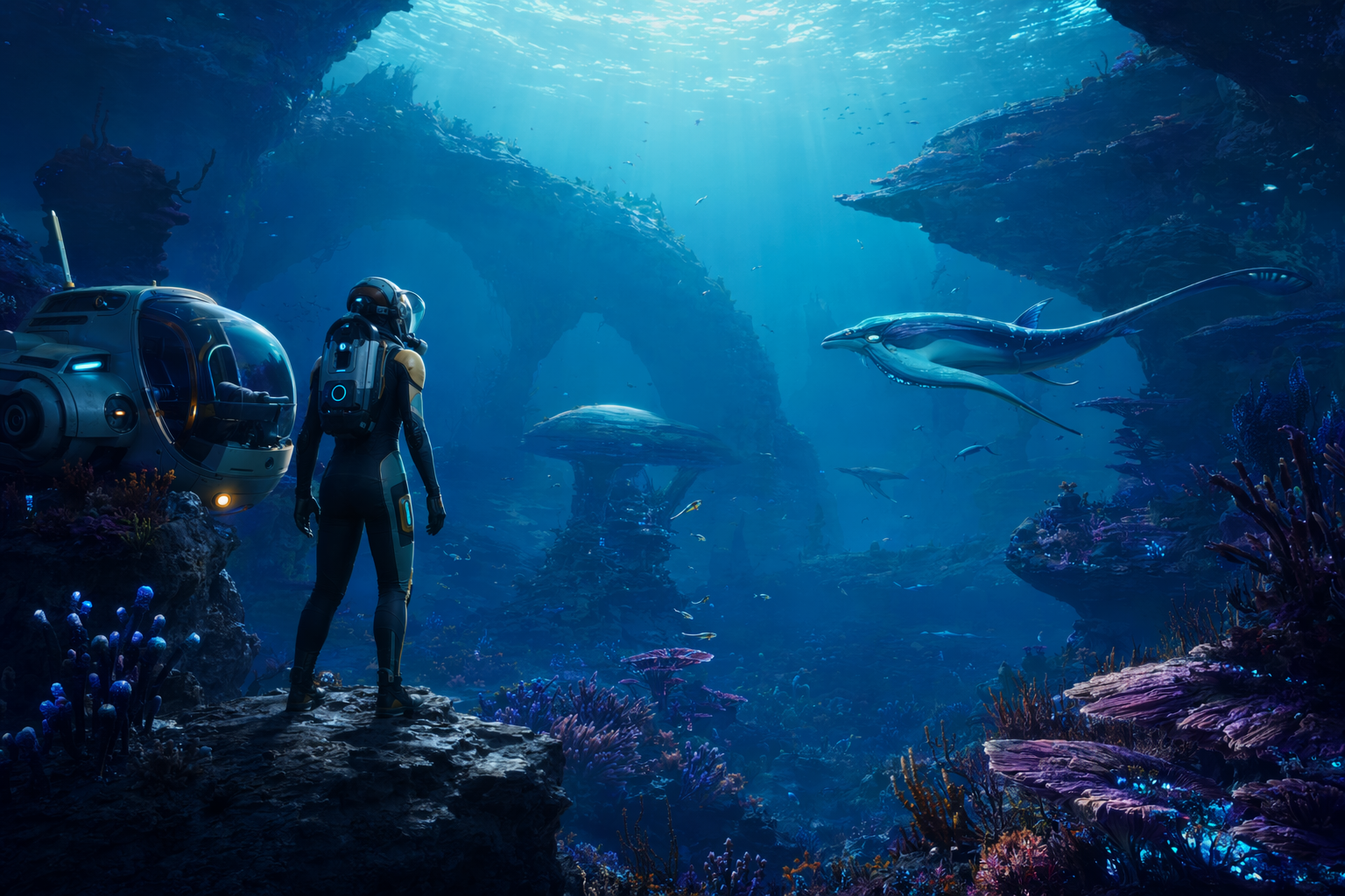 Explorer submersible approaching an alien ocean environment, illustrating Subnautica 2 Early Access.