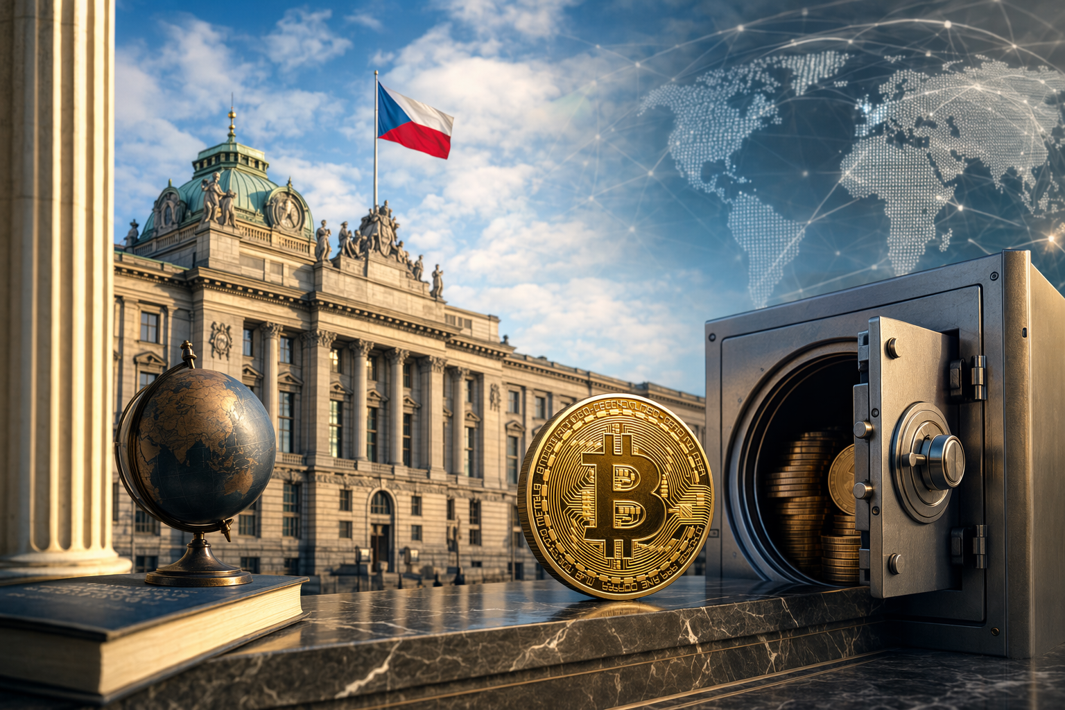 Ilustración de Bitcoin frente a un edificio de banco central que representa el debate sobre las reservas del Banco Nacional Checo.