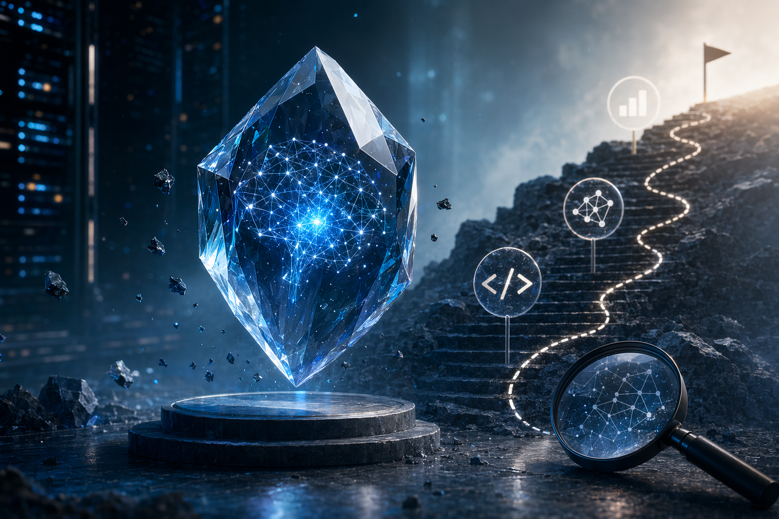 DeepSeek V4の暫定評価を象徴するAIチップとベンチマーク画面の抽象イメージ