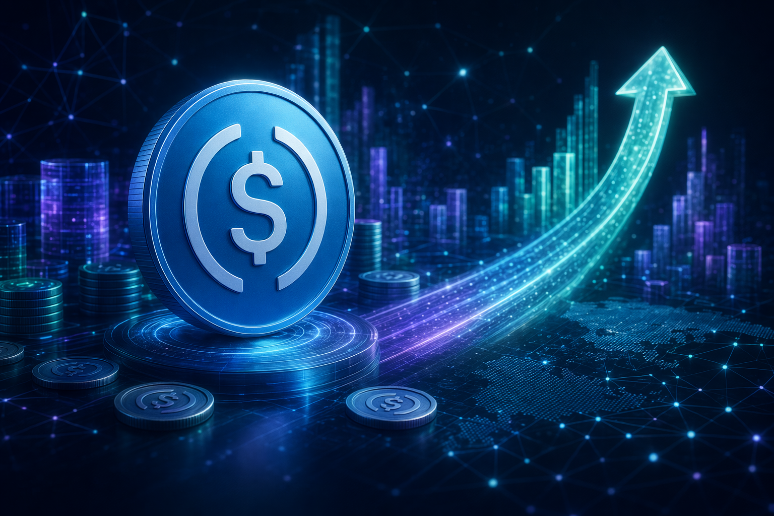 Editorial illustration of USDC liquidity flowing across the Solana network