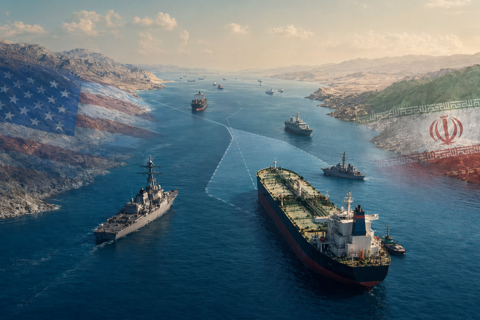 Tankers and cargo ships navigating a narrow Strait of Hormuz shipping lane under military pressure
