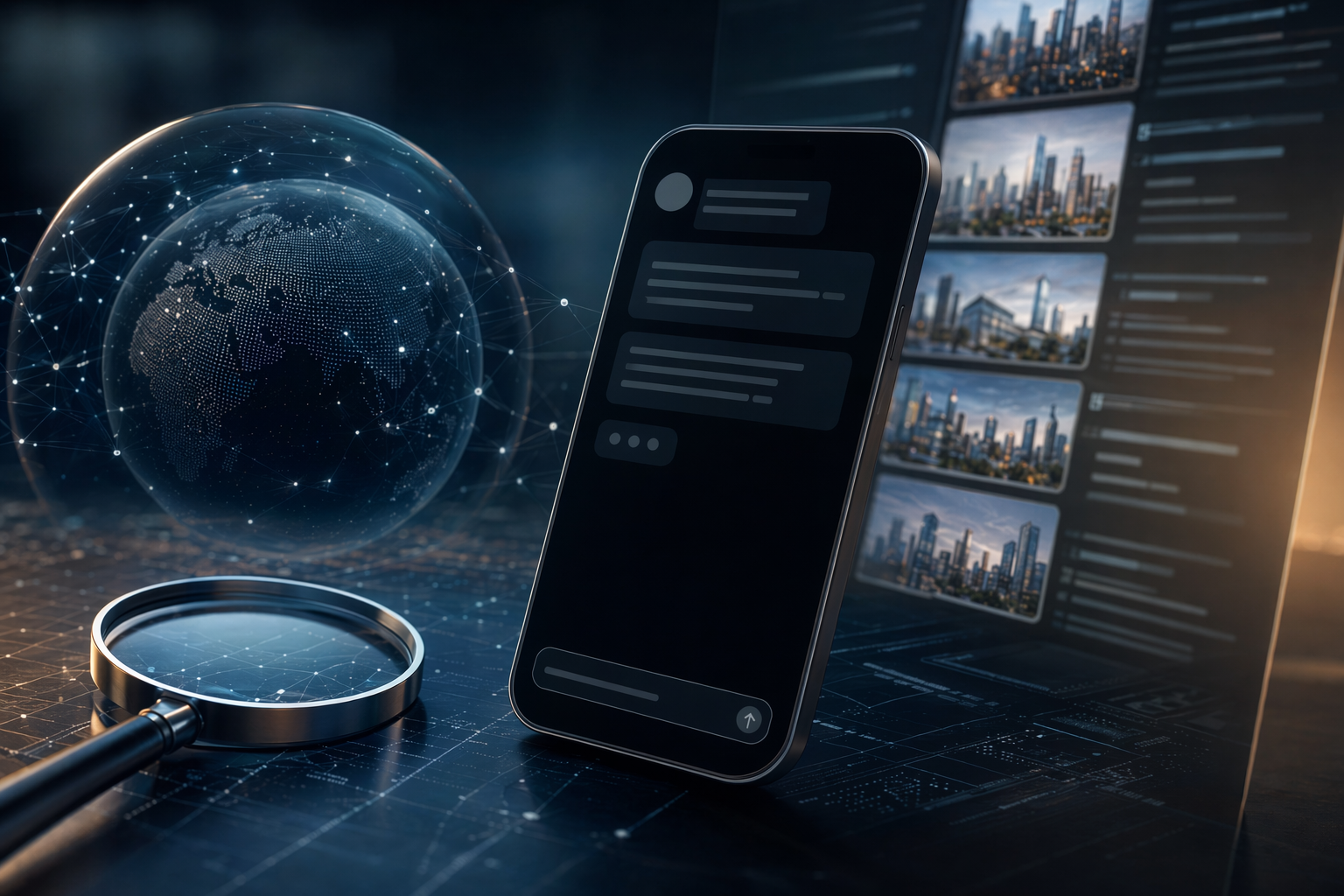 Editorial illustration of AI search connecting web pages and X posts for Grok 4.3 retrieval analysis