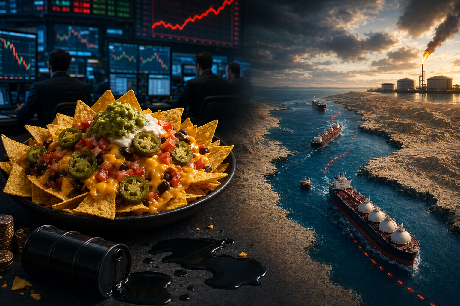 AI-generated editorial illustration symbolizing oil-market risk around the Strait of Hormuz and the NACHO trade.