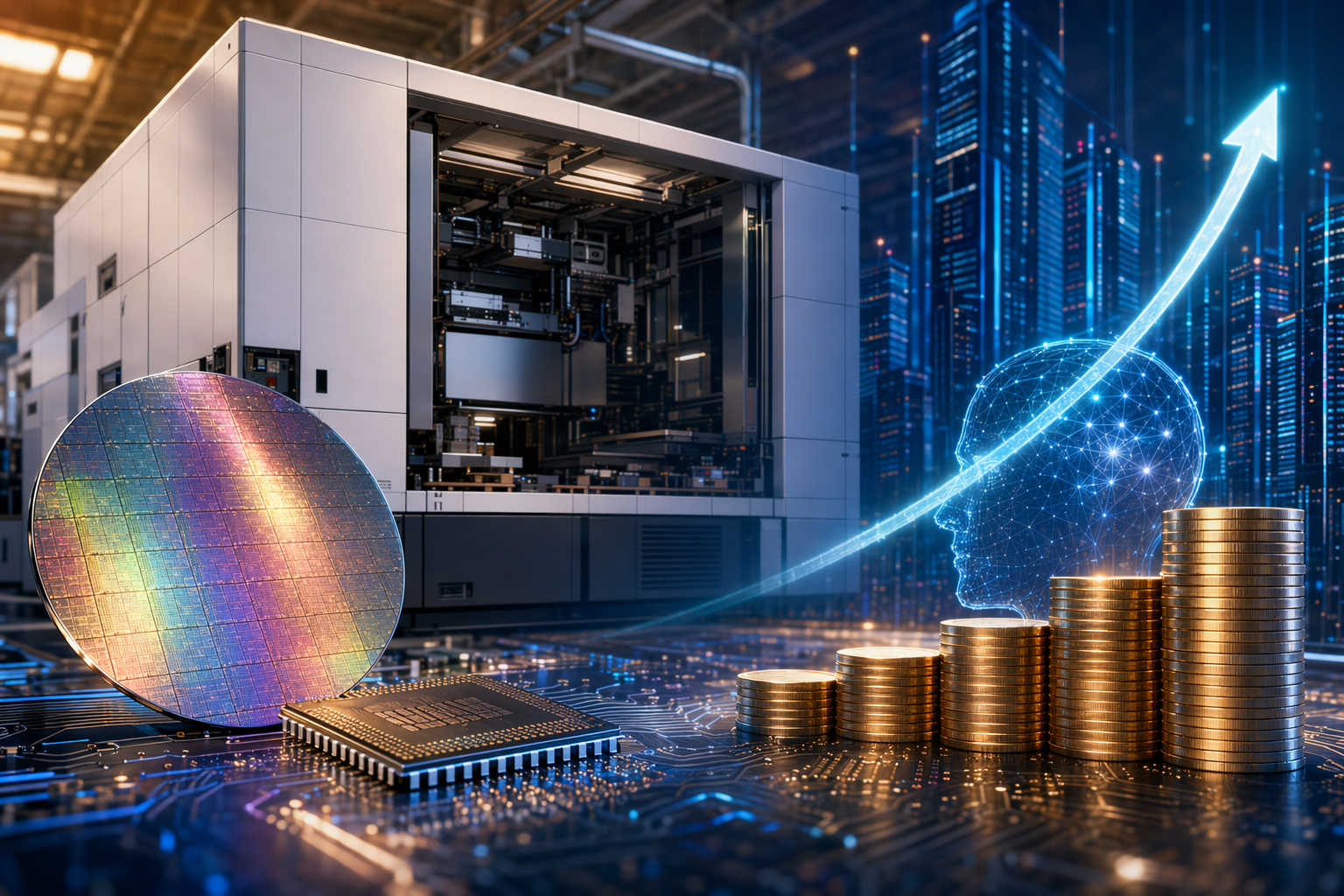 Stylized semiconductor wafer and financial chart representing ASML’s share buyback and AI chip demand outlook