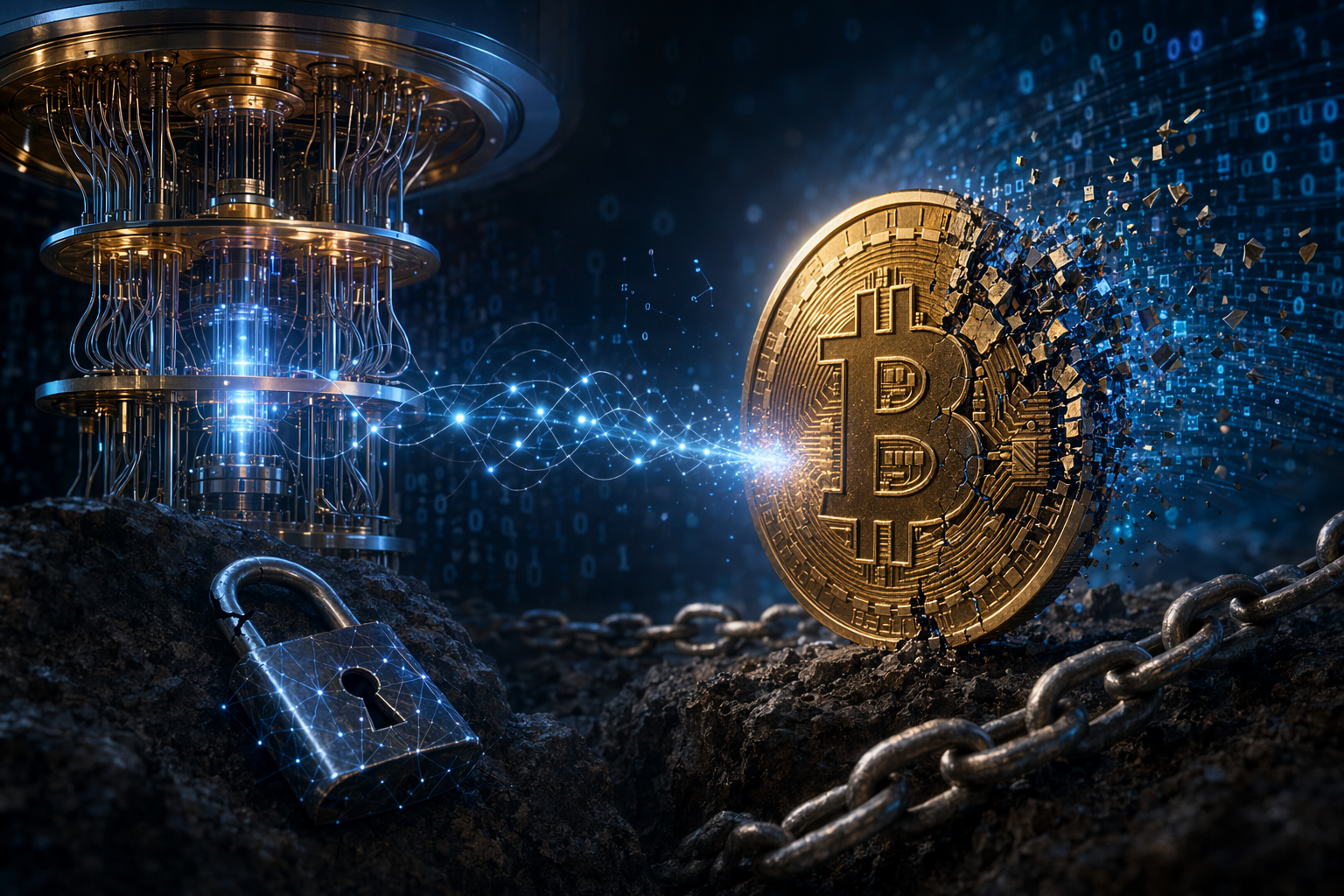 AI-generated editorial image about quantum computing risk to Bitcoin security