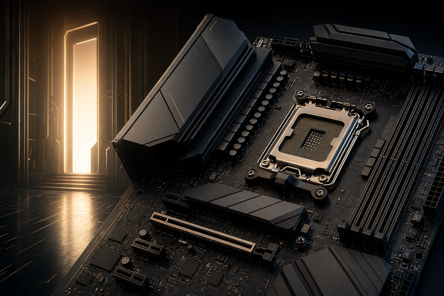 Editorial illustration of a next-generation desktop motherboard teaser for Computex 2026.