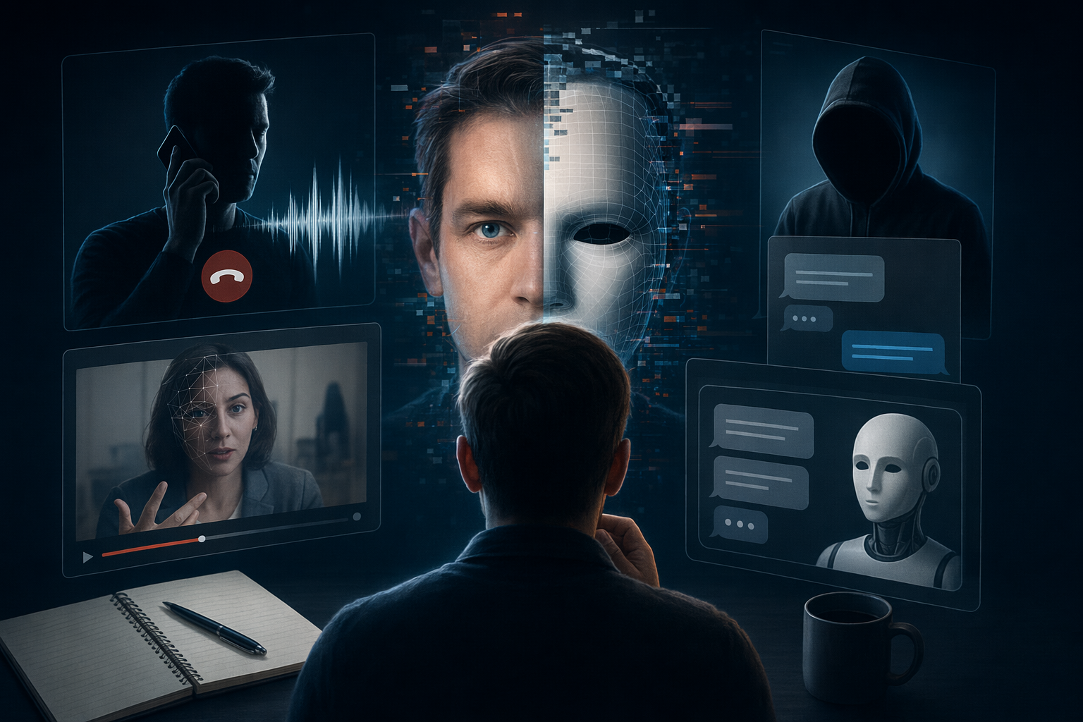 Person prüft einen verdächtigen KI-Anruf mit Warnsymbolen für Deepfake und Betrug