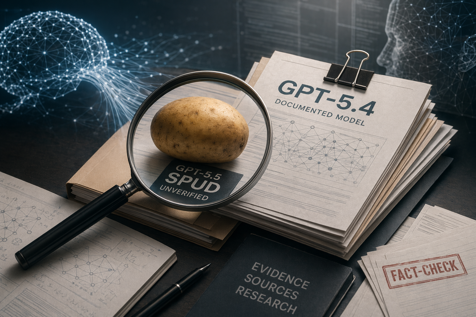 Abstract AI fact-check illustration comparing GPT-5.5 Spud rumors with documented GPT-5.4 multimodal evidence