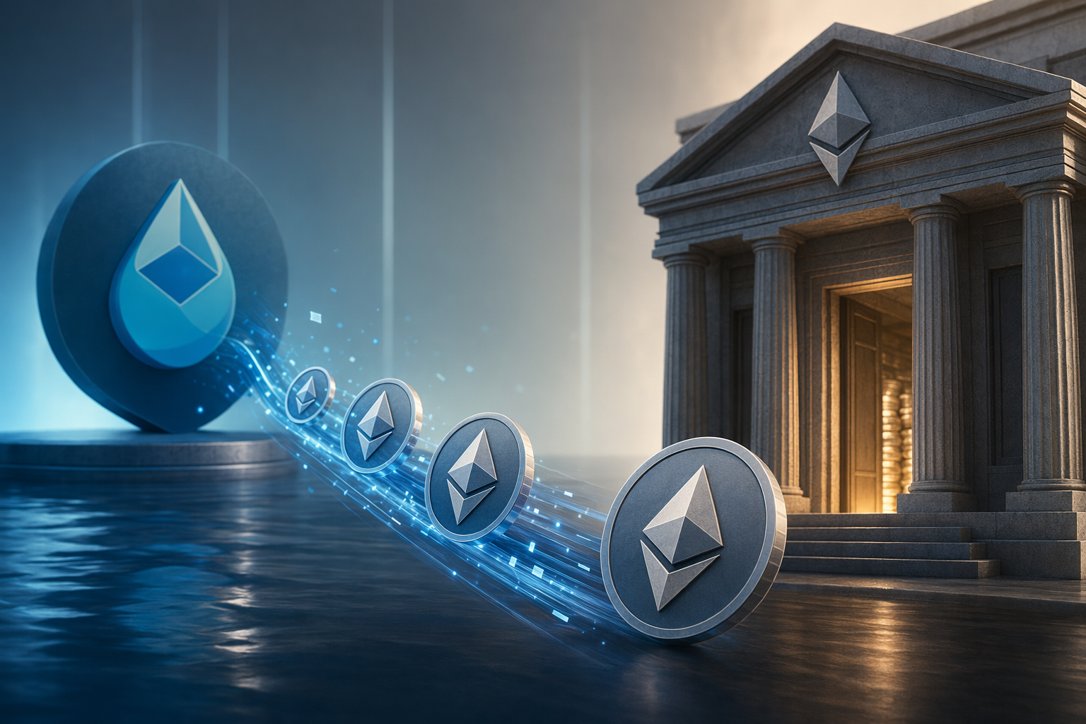 Editorial illustration of Ethereum treasury assets moving from Lido staking into liquid ETH
