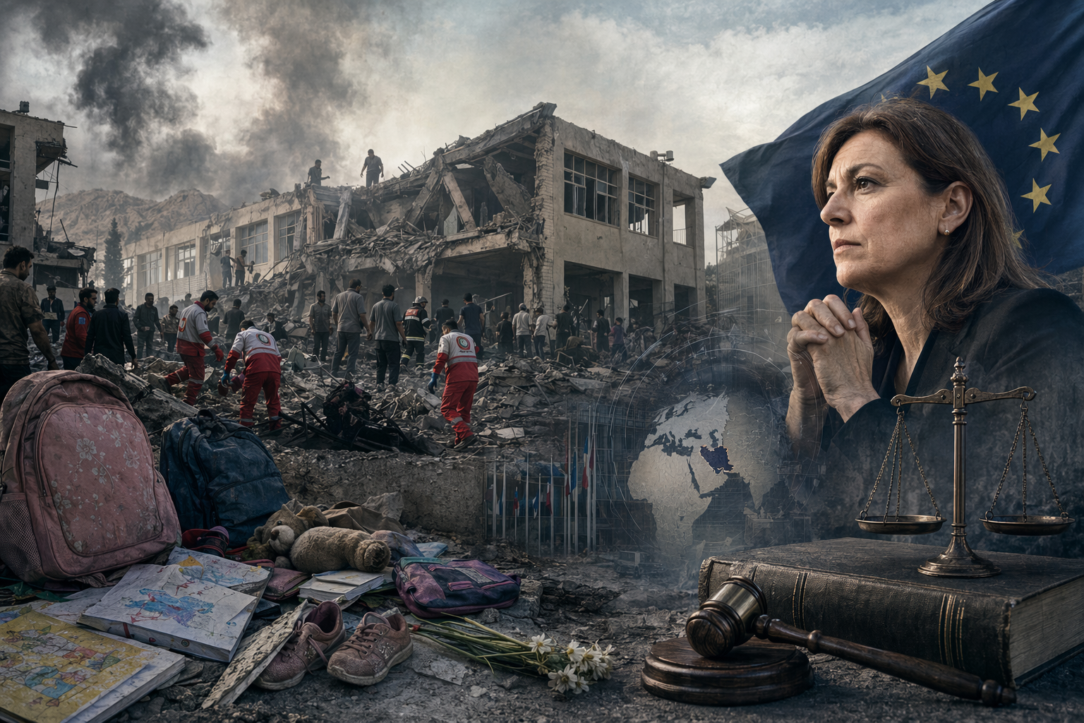 AI-generated editorial illustration of a damaged Minab school and calls for a war-crimes probe