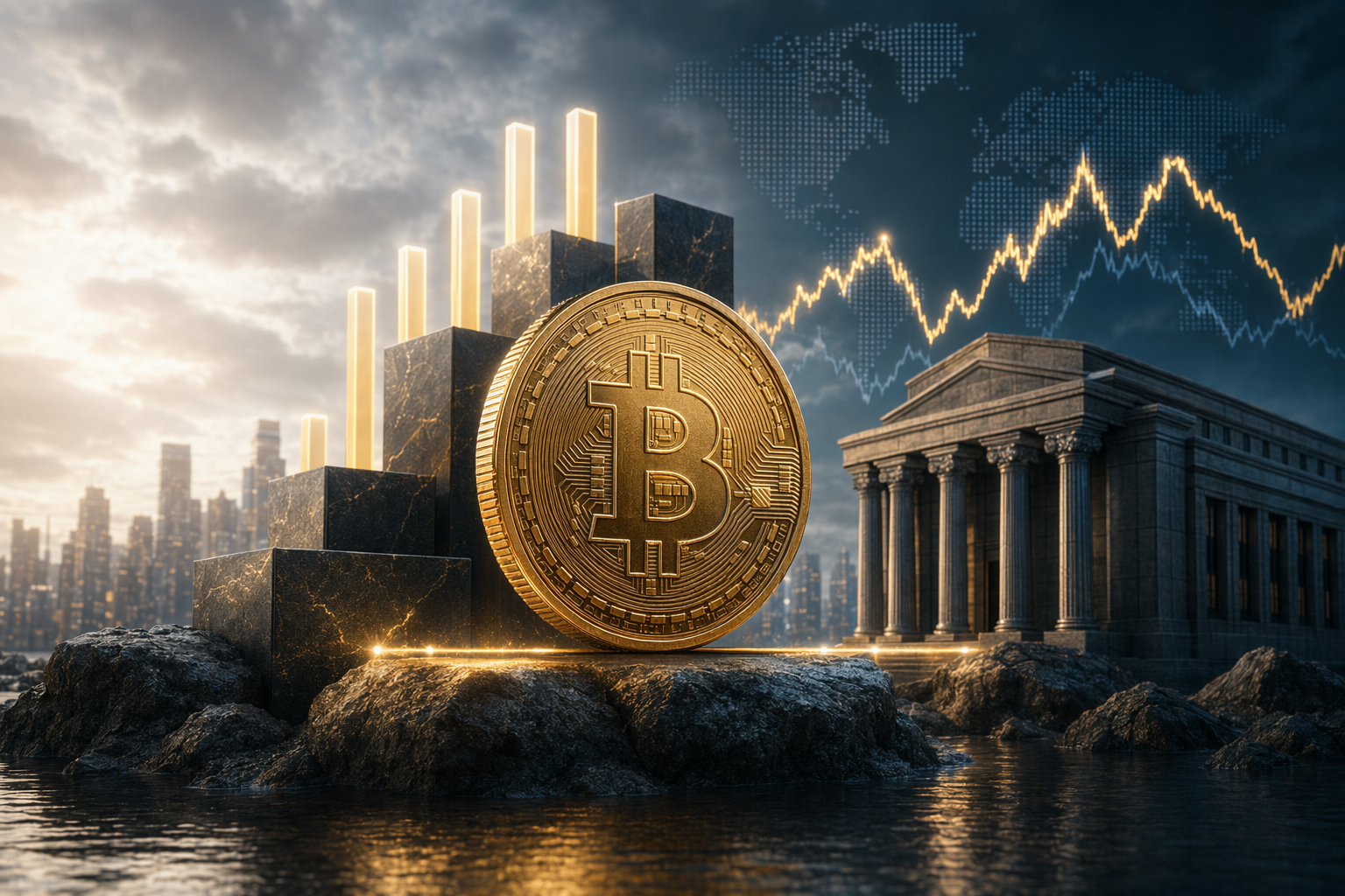 Illustration of Bitcoin near the $80,000 level with ETF flow charts and market volatility indicators