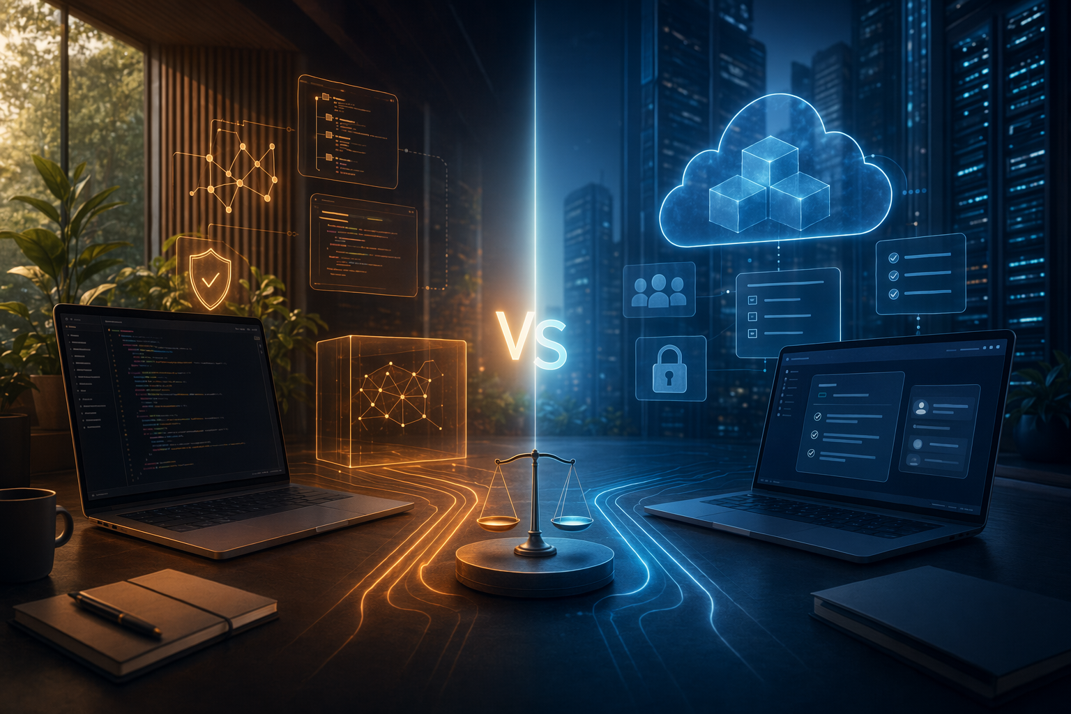 Side-by-side editorial illustration comparing Claude Code and OpenAI Codex workflows for engineering teams