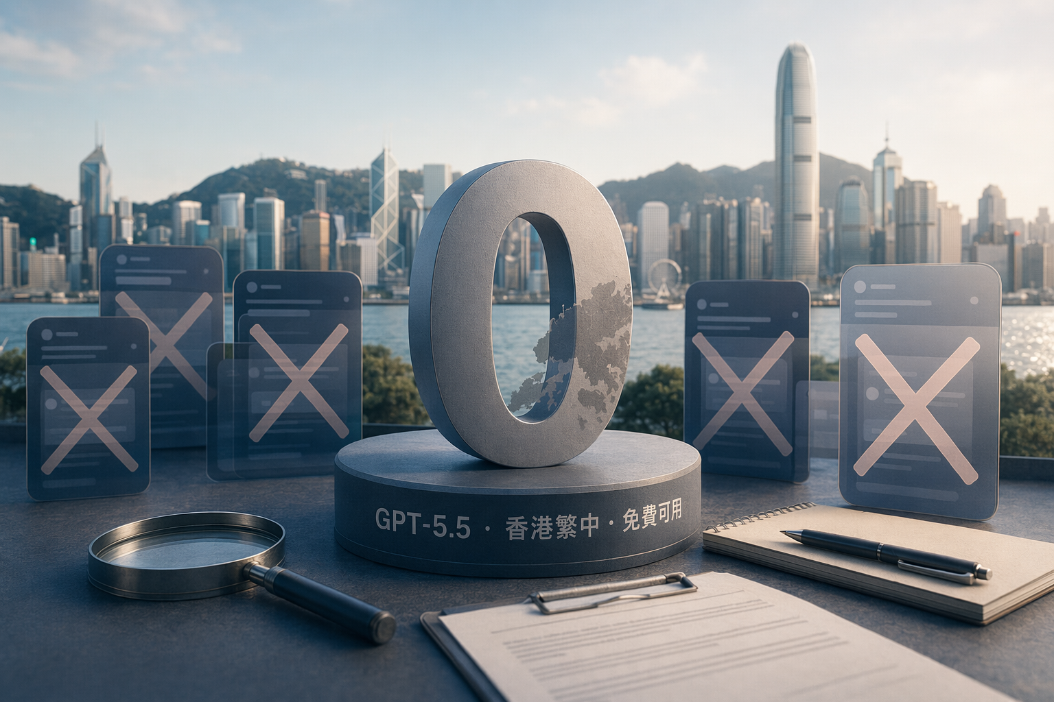 抽象 AI 介面與香港繁體中文搜尋元素，象徵核查免費 GPT-5.5 App 宣稱